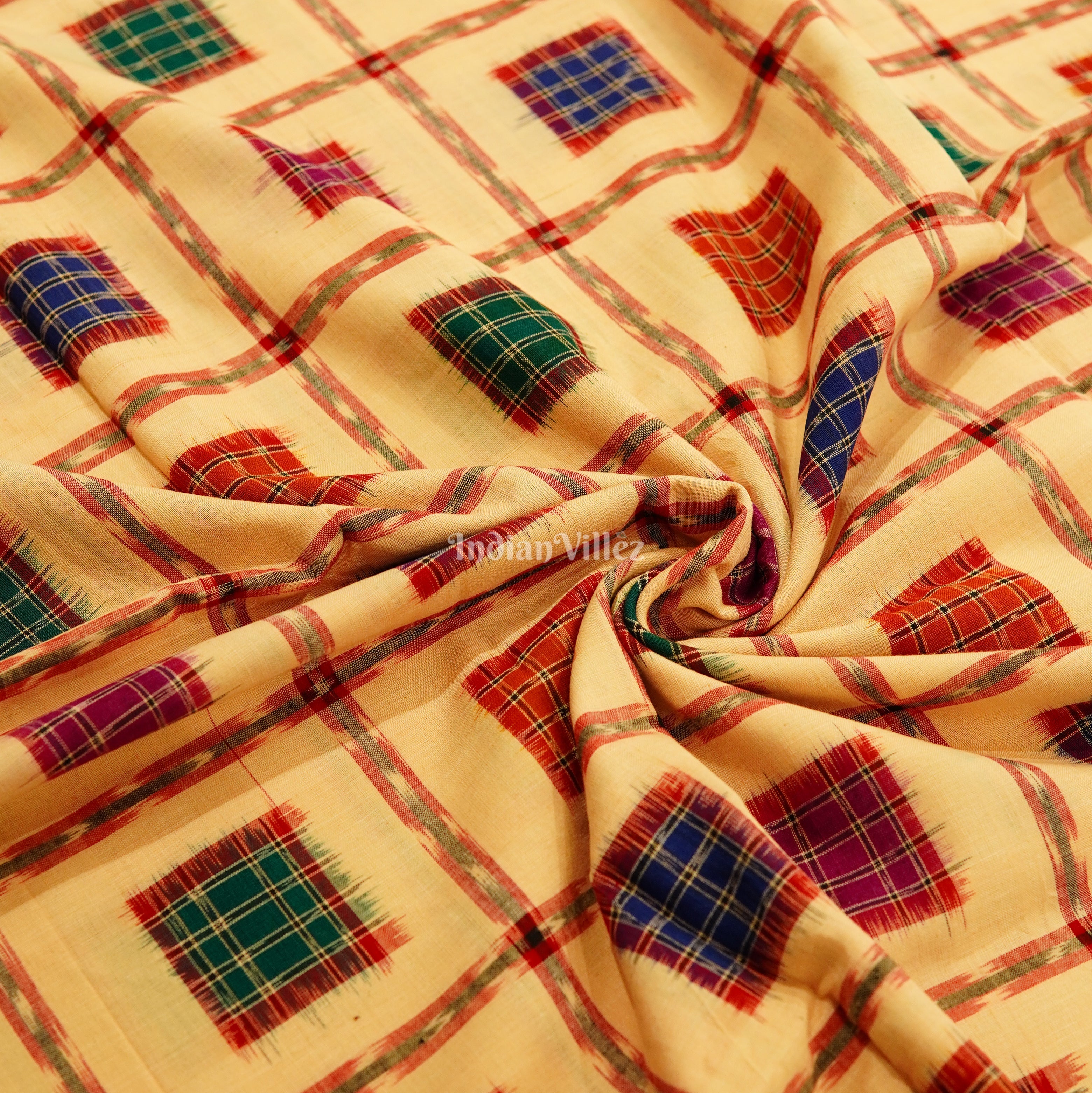 IndianVillèz Exclusive Light Yellow Aswini Sambalpuri Ikat Cotton Fabric