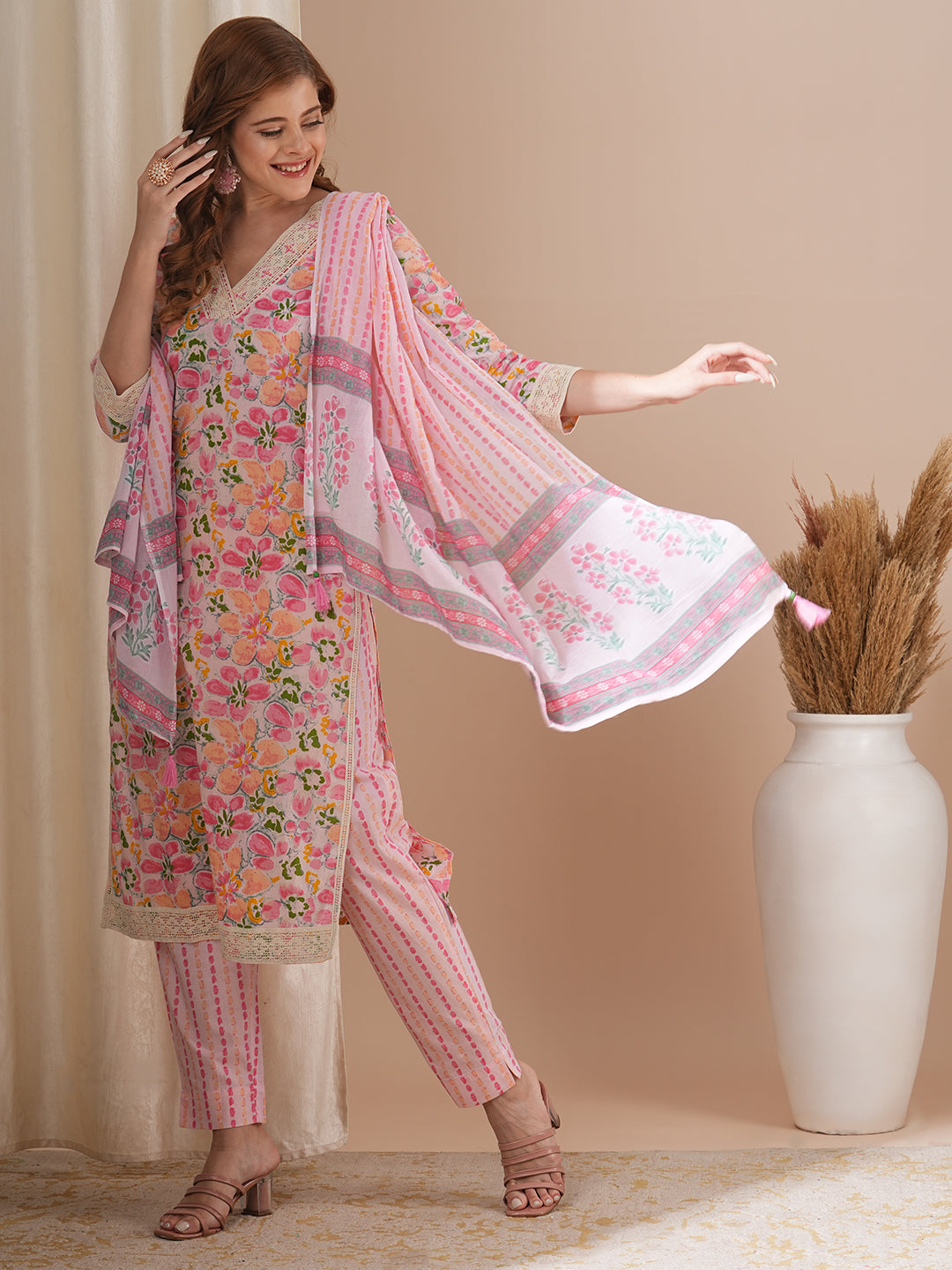 FASHOR Floral Printed & Embroidered Straight Kurta with Pant & Dupatta - Pink - view 5
