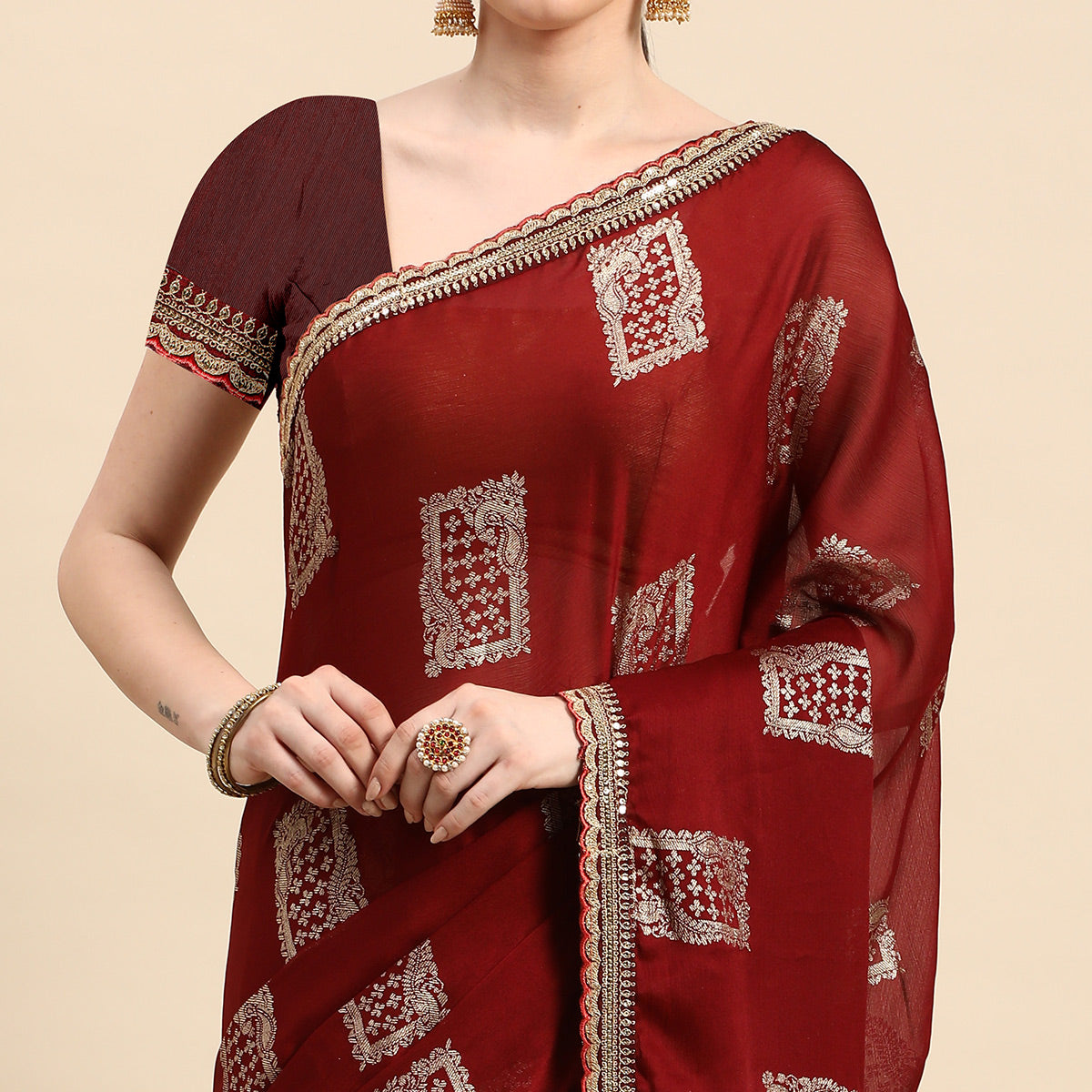 Peachmode Maroon Foil Printed With Embroidered Border Chiffon Saree - view 3