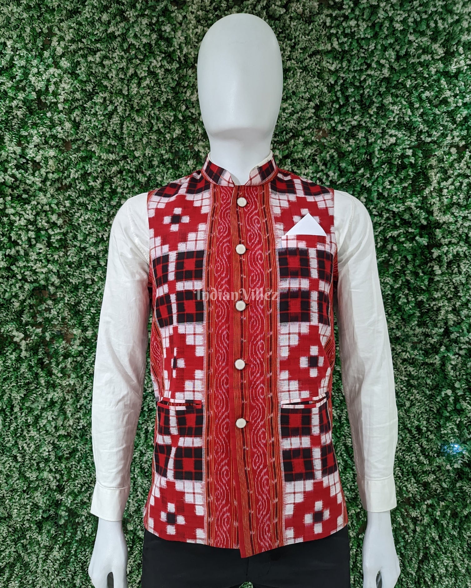 IndianVillèz Red Black Pasapali Odisha Ikat Cotton Half Bandi Jacket for Men