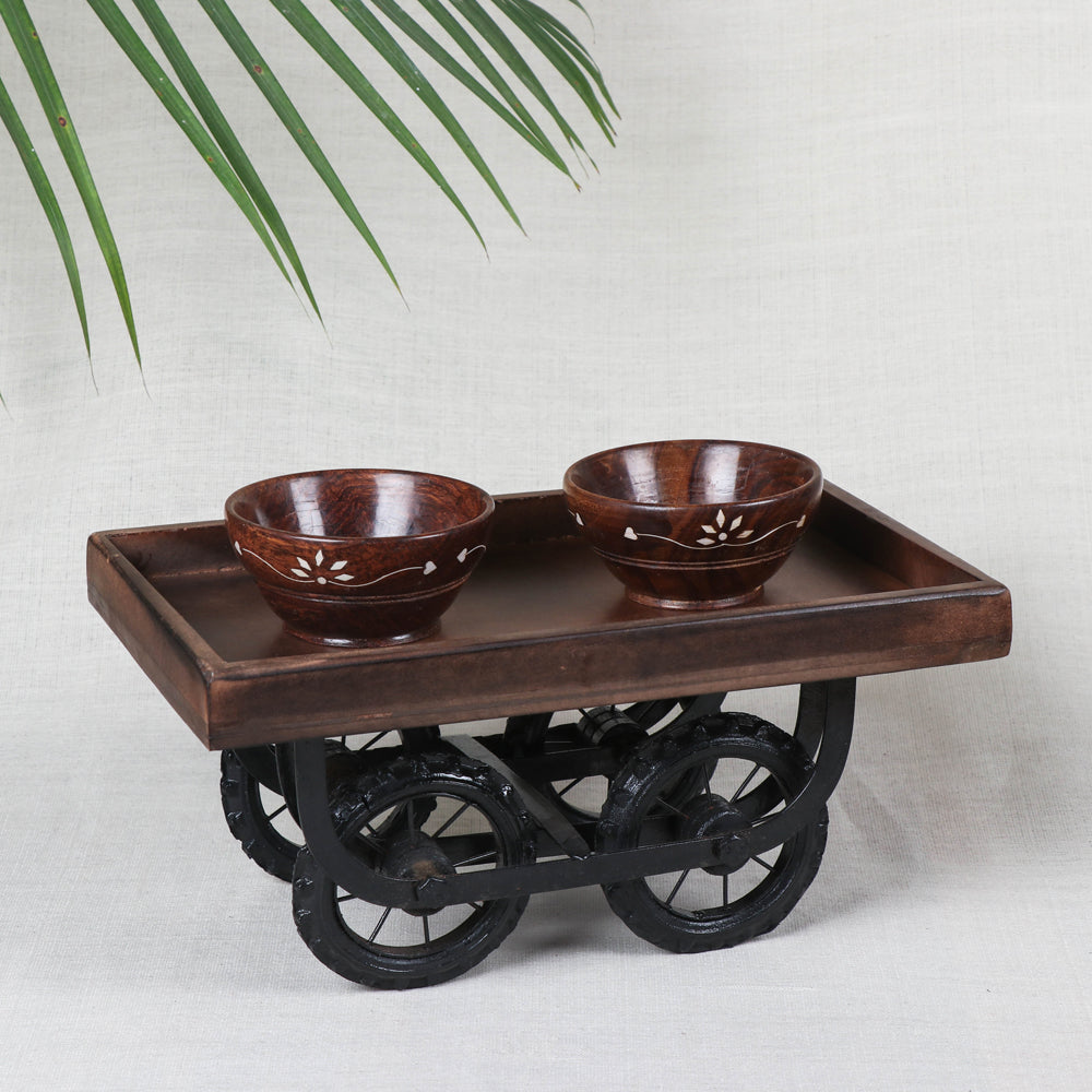 HAVELI CHRONICLES Brown - Serving Cart with 2 Bowls Handcrafted with Mango Wood