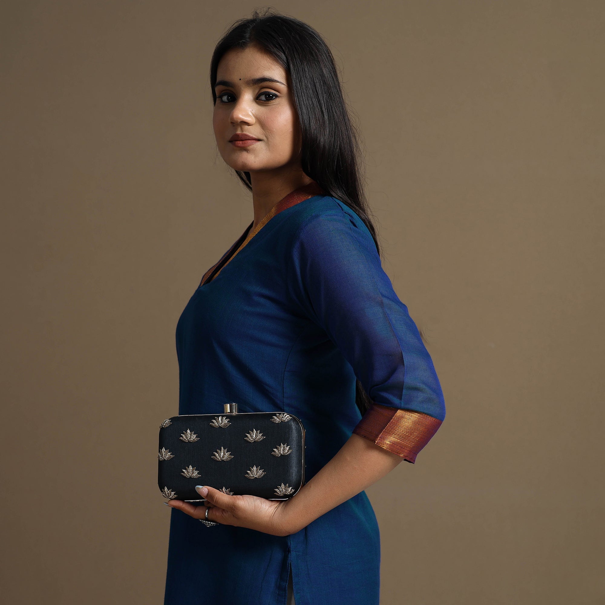 LAVANGG Black - Chikankari Hand Embroidery Tussar Silk Clutch / Sling Bag 10