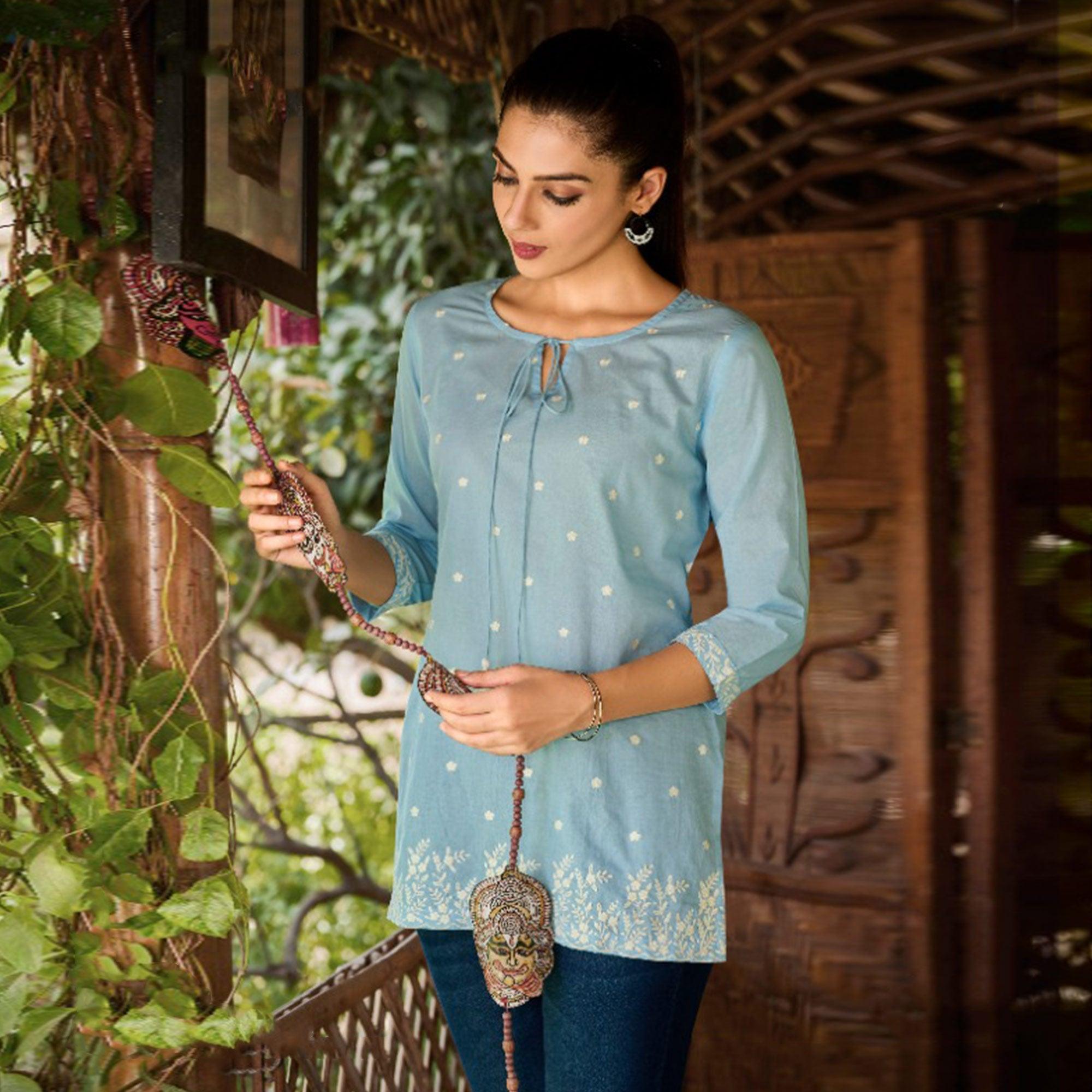 Peachmode Seller Light Blue Embroidered Pure Cotton Top