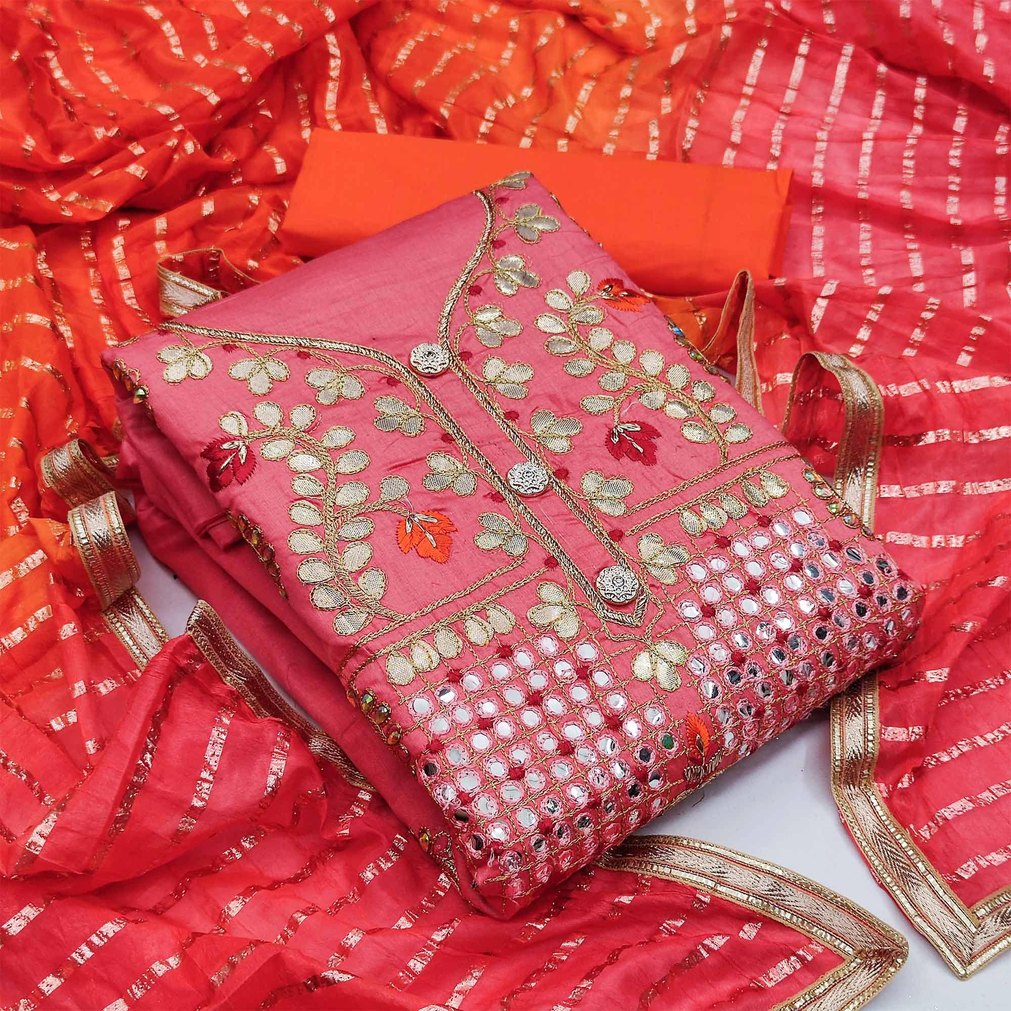 Peachmode Gajari Pink Festive Wear Gotta Plus Handwork Cotton Dress Material