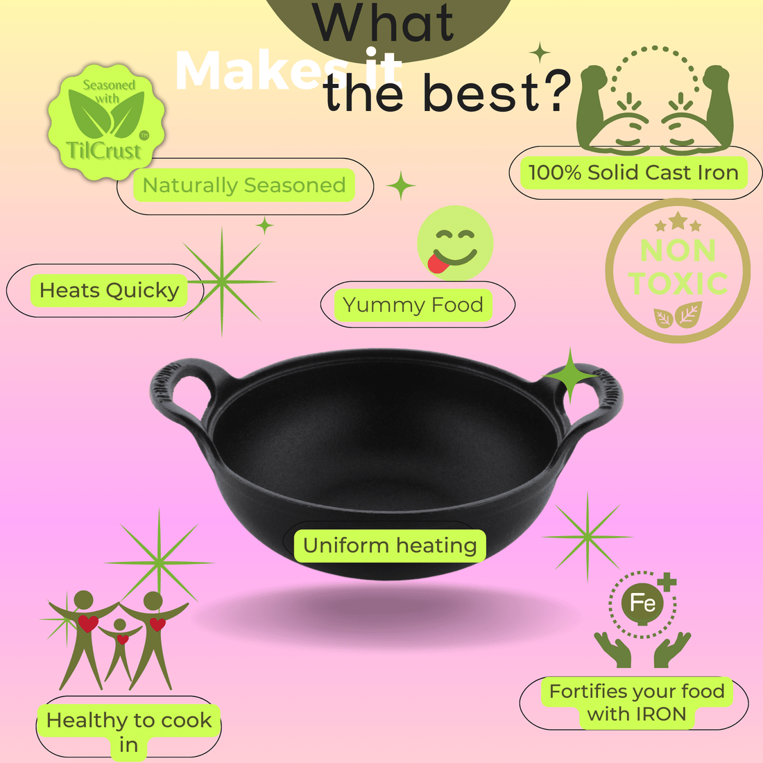 Trilonium Triple Seasoned Cast Iron CrockWok Kadhai | Gas & Induction Compatible | Black - view 12