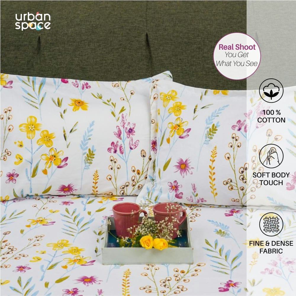 Urban Space -Home Furnishing Store Serene Collection - Breathable 200 TC 100% Pure Cotton Single Bedsheet with Pillow Cover, France- Yellow - view 4