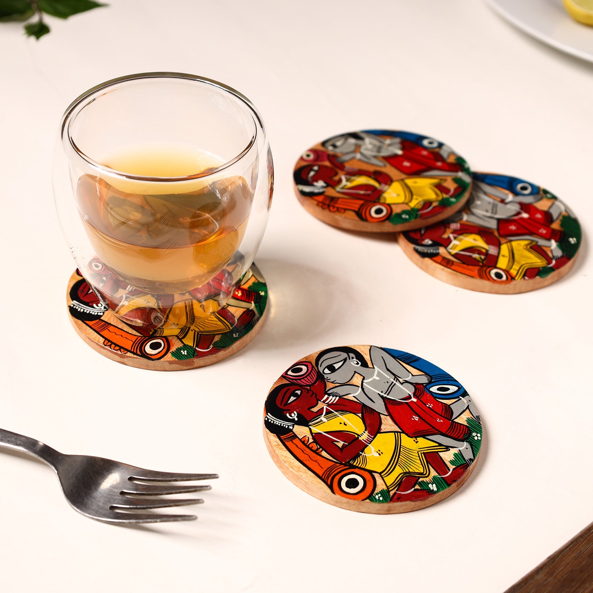 ITOKRI CRAFTS INITIATIVE Bengal Patua Handpainted Akashmoni Wooden Coasters (Set of 4) 33 - view 3