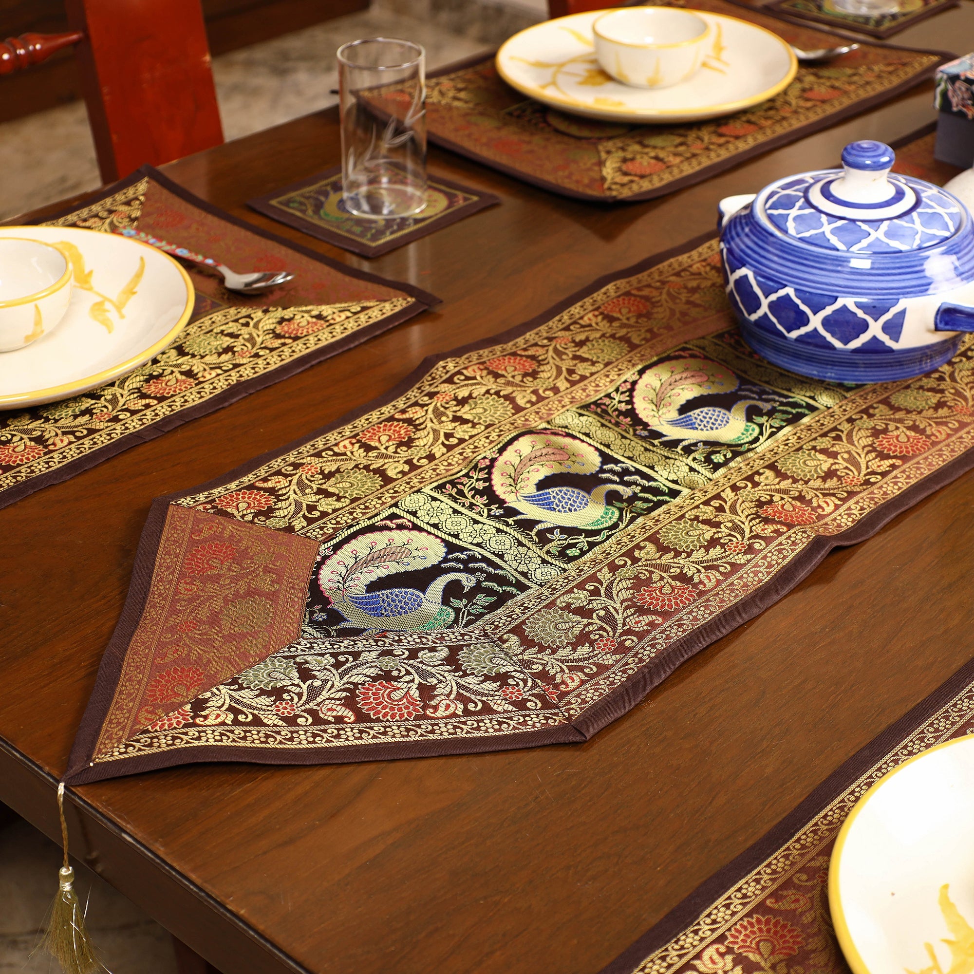 ITOKRI CRAFTS INITIATIVE Brown - Banarasi Silk Brocade 13pc Dining Table Runner Set 02 - view 2