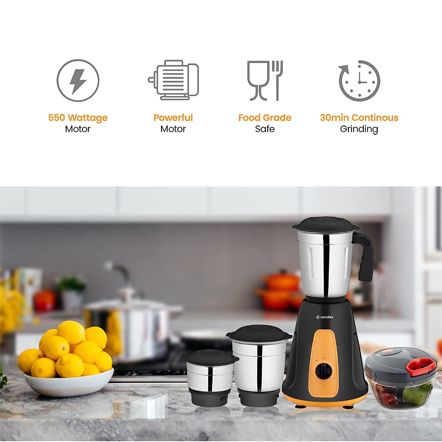 Candes MG154 Maple 550-Watt Mixer Grinder with 3 Jars (Powerful Motor and 2 Year Warranty Orange/Black) + Quick Hand Vegetables & Fruit Chopper Black, - view 3
