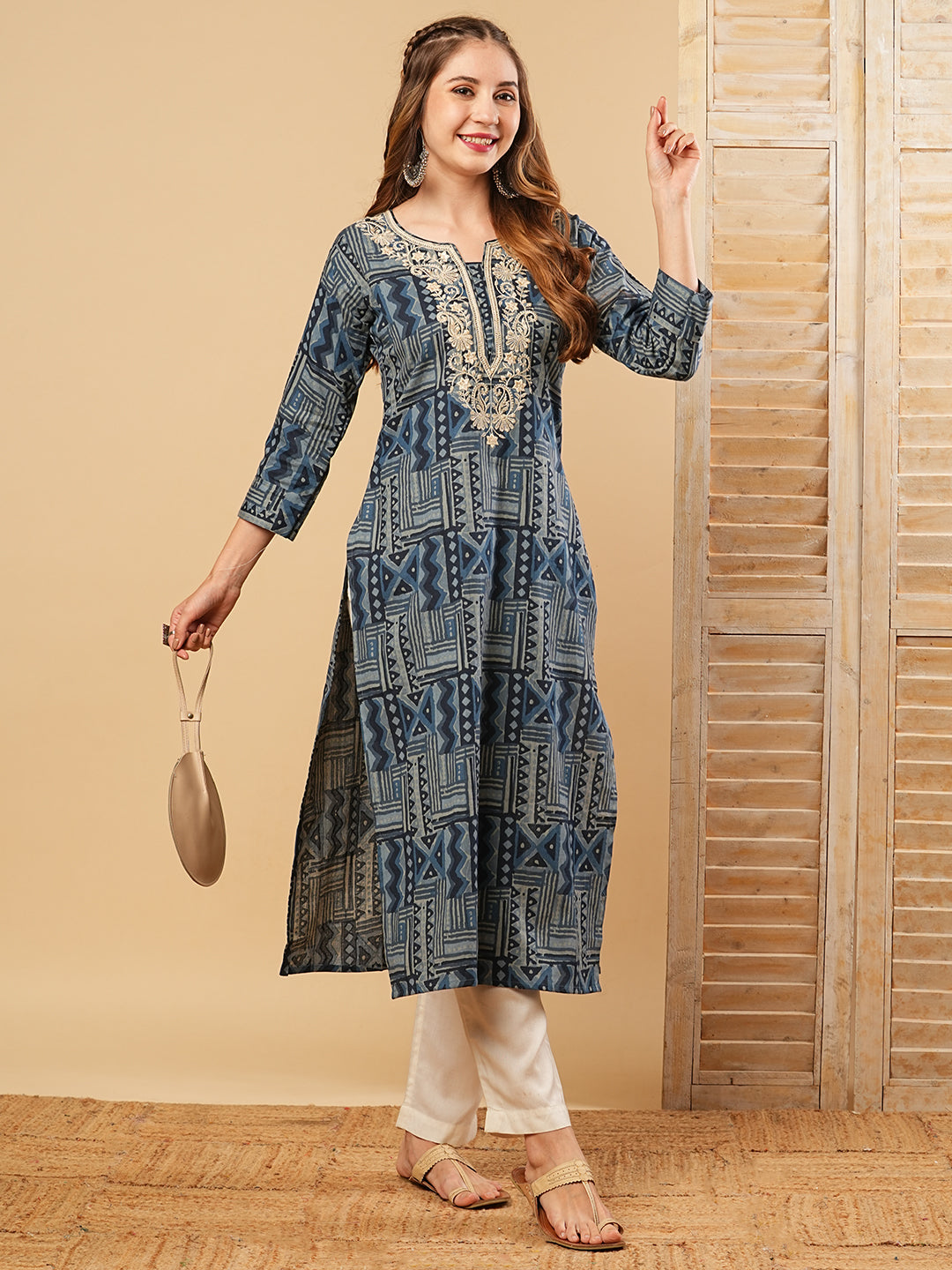 Fashor Abstract Printed Resham & Sequins Embroidered Kurta - Blue - view 3