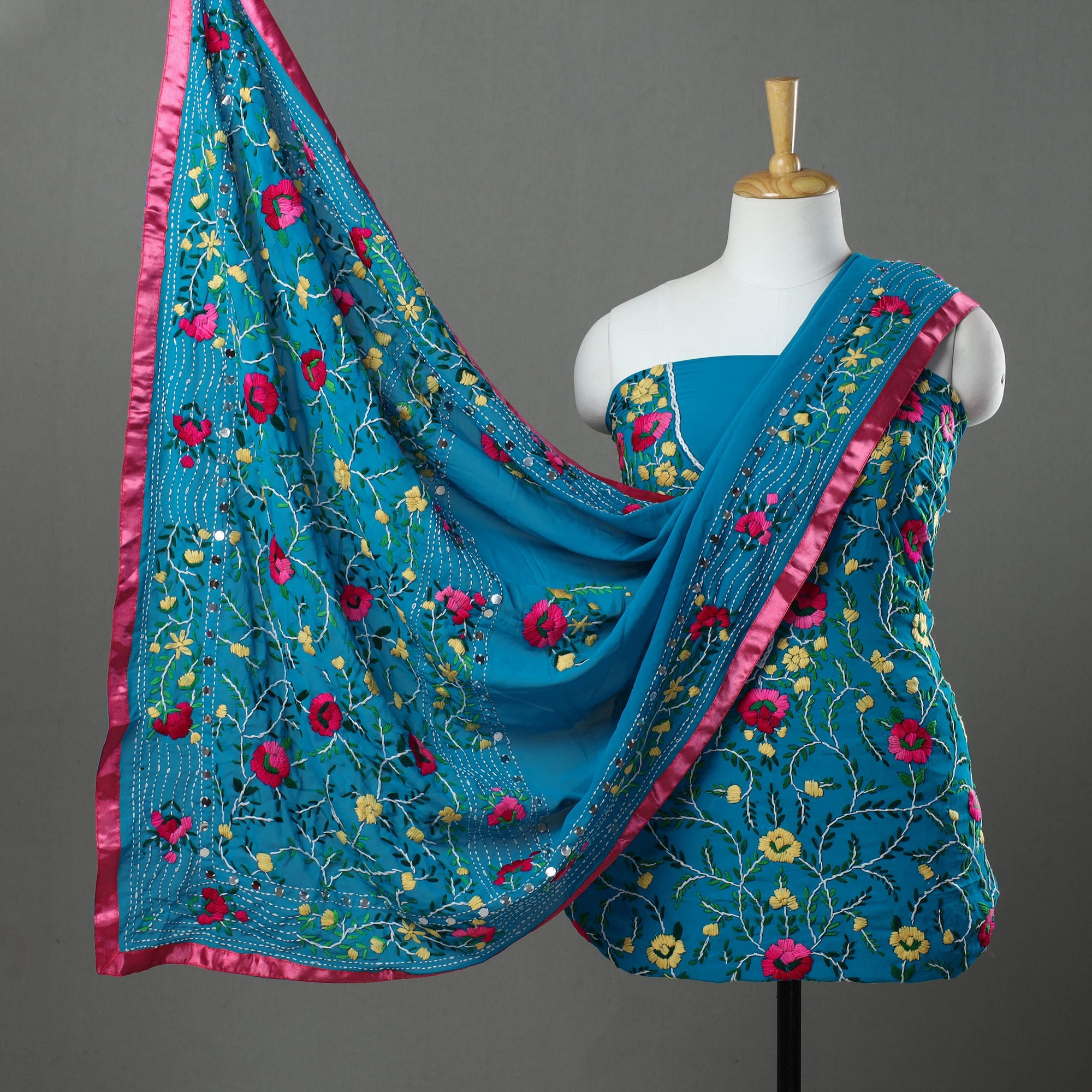 ITOKRI CRAFTS INITIATIVE Blue - 3pc Hand Embroidery Georgette Phulkari Dress Material 17