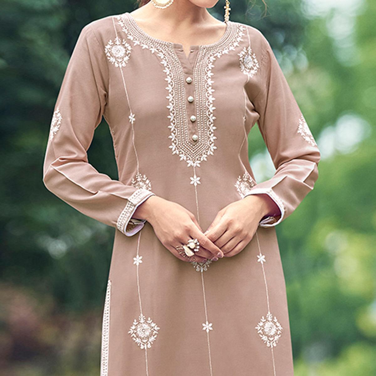 Peachmode Seller Coffee Lakhnawi Work Rayon Kurti - view 4