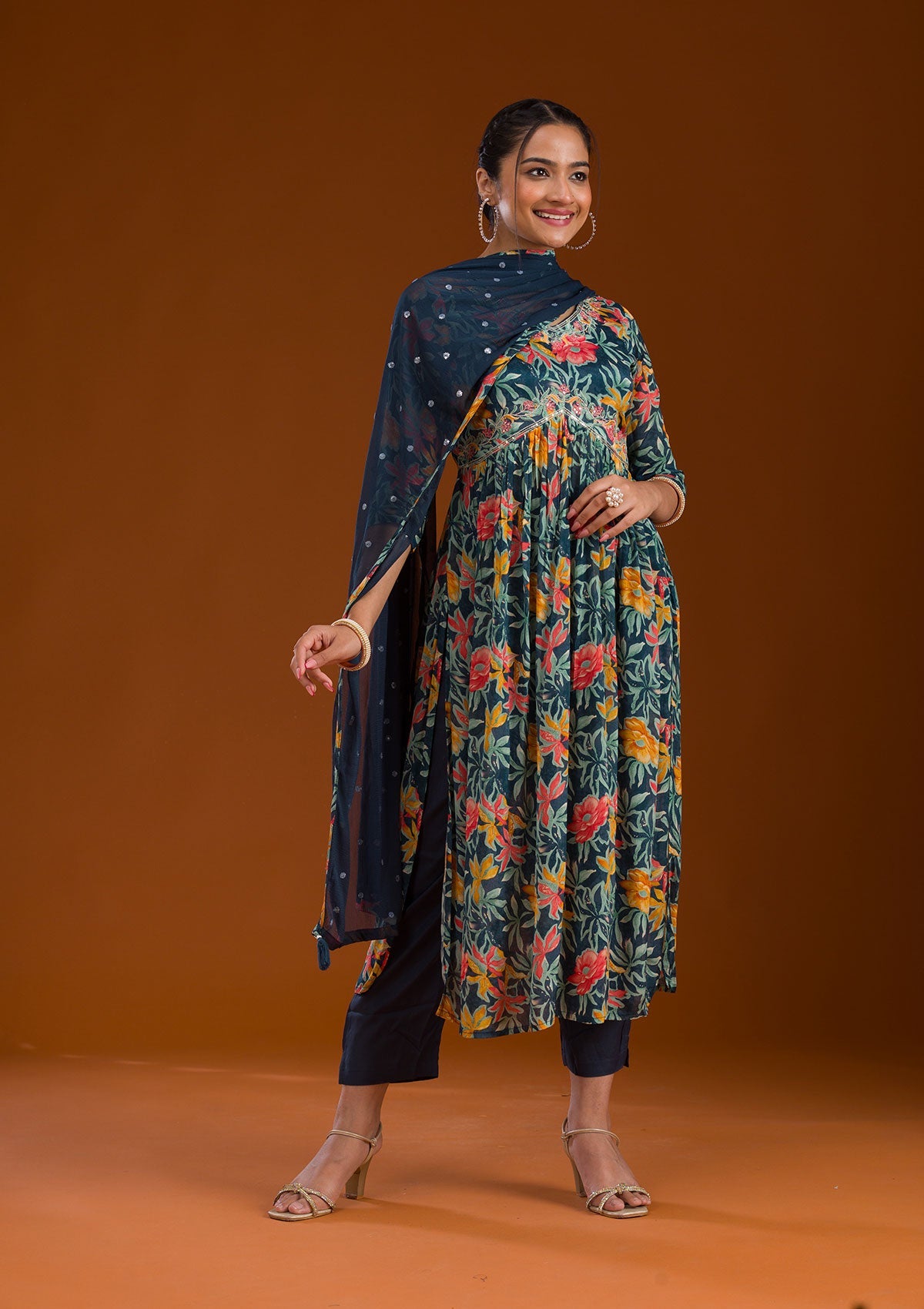 Koskii Navy Blue Threadwork Chiffon Readymade Salwar Suit