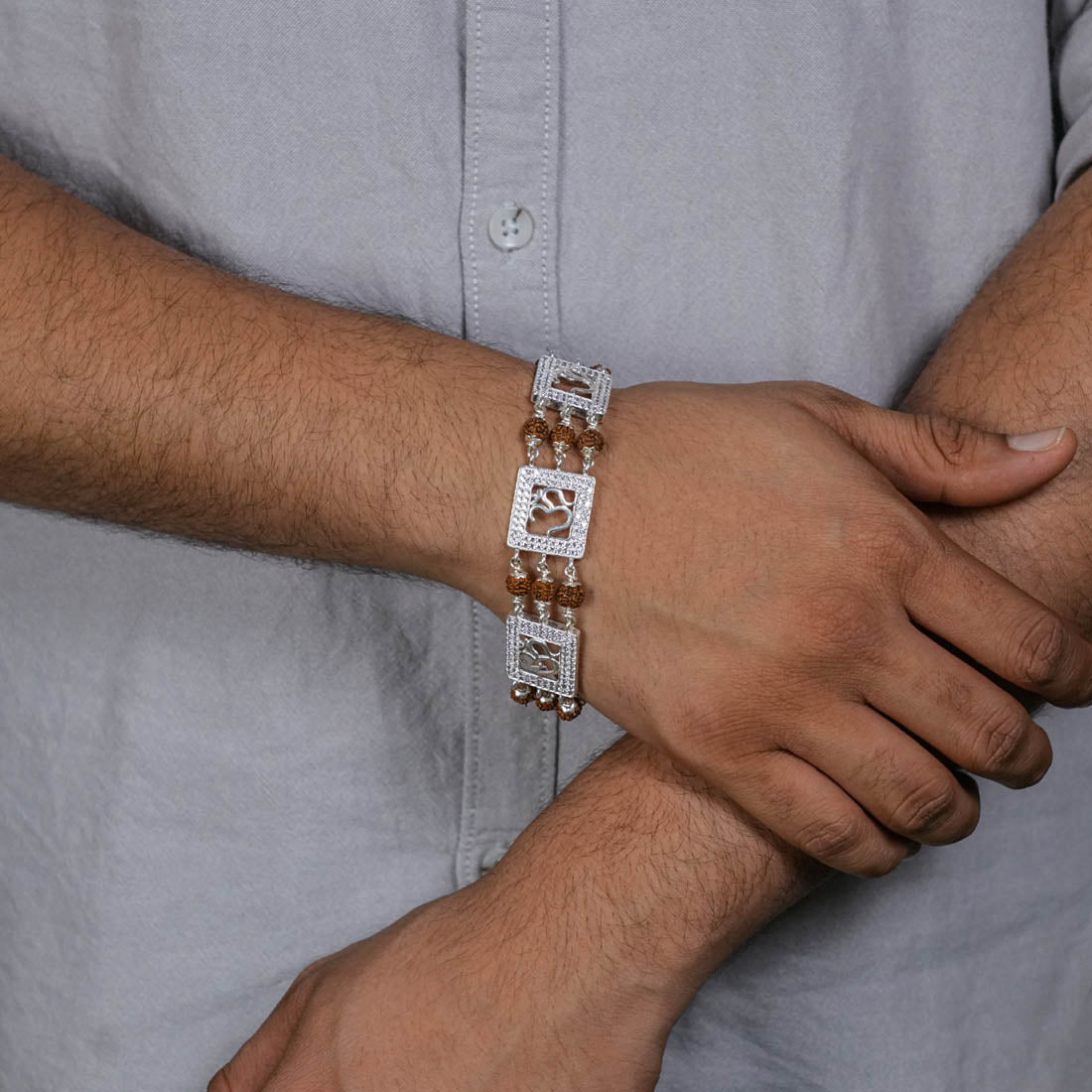 Prinjal Jewellers Rudraksha Silver Dimond Om Brooch Bracelet - view 3