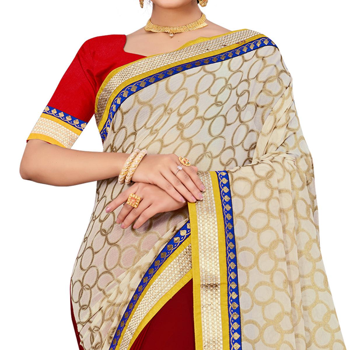 Peachmode Exclusive Maroon-Cream Colored party Wear Georgette Half-Half Saree - view 2
