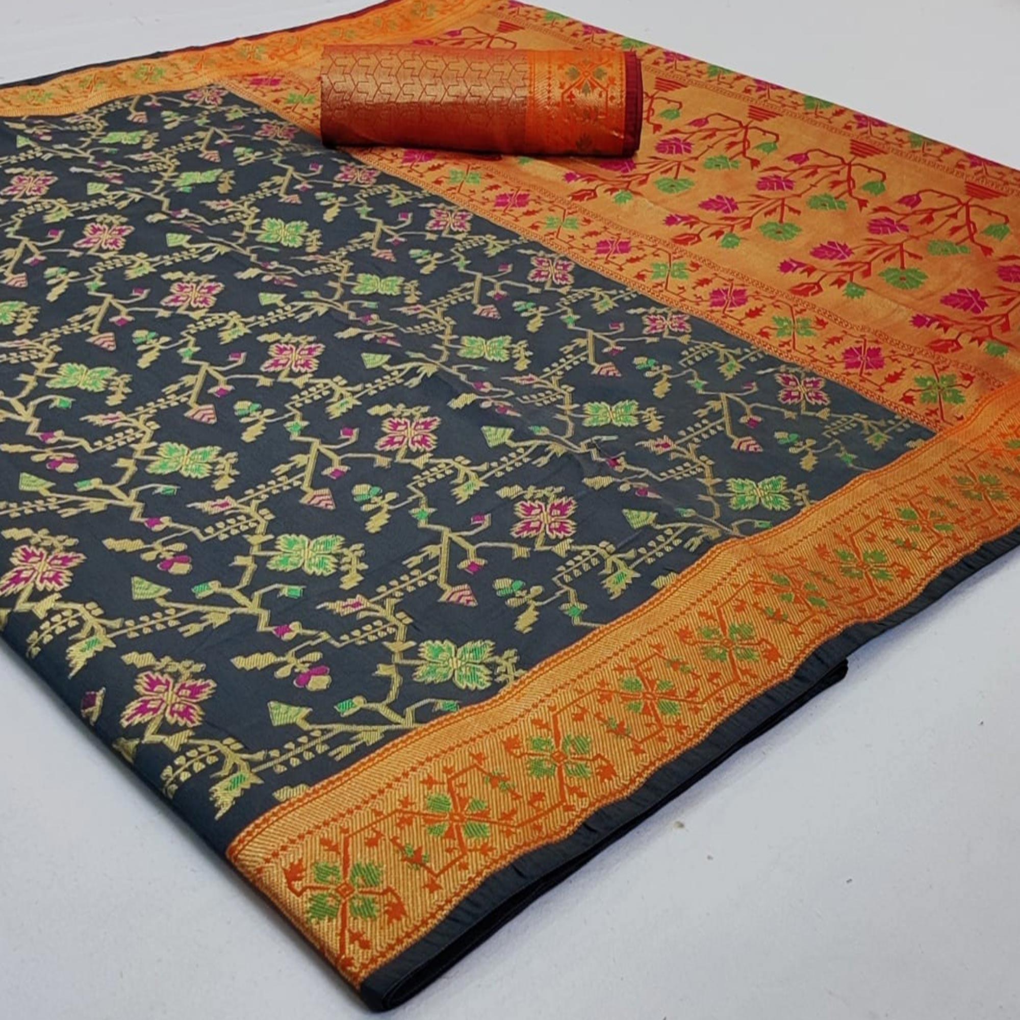 Peachmode Captivating Grey Colored Festive Wear Woven Silk Saree