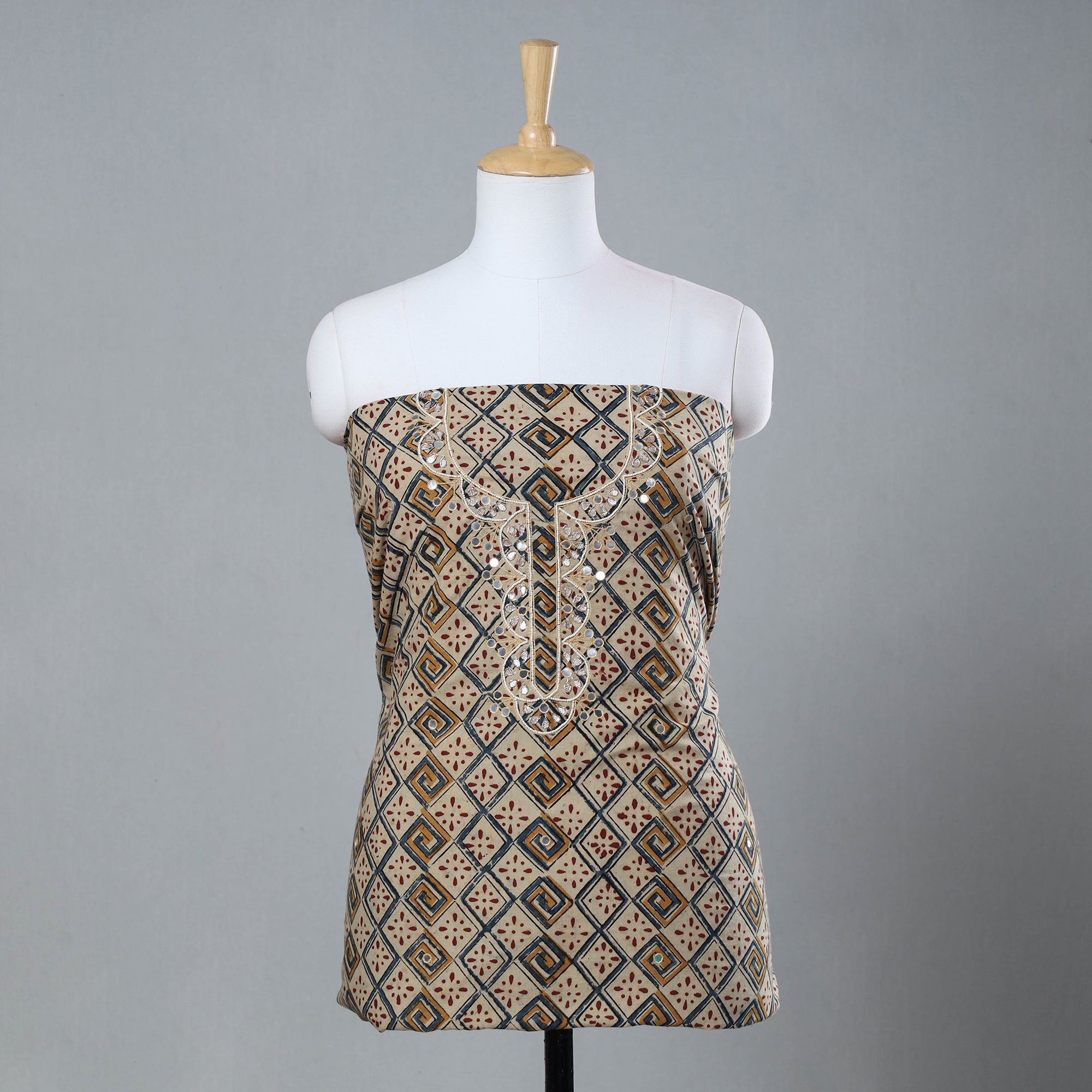 NOORI BAZAR Beige - Bead Work Embroidery Kalamkari Block Printed Cotton Kurta Material - 2.5 meter