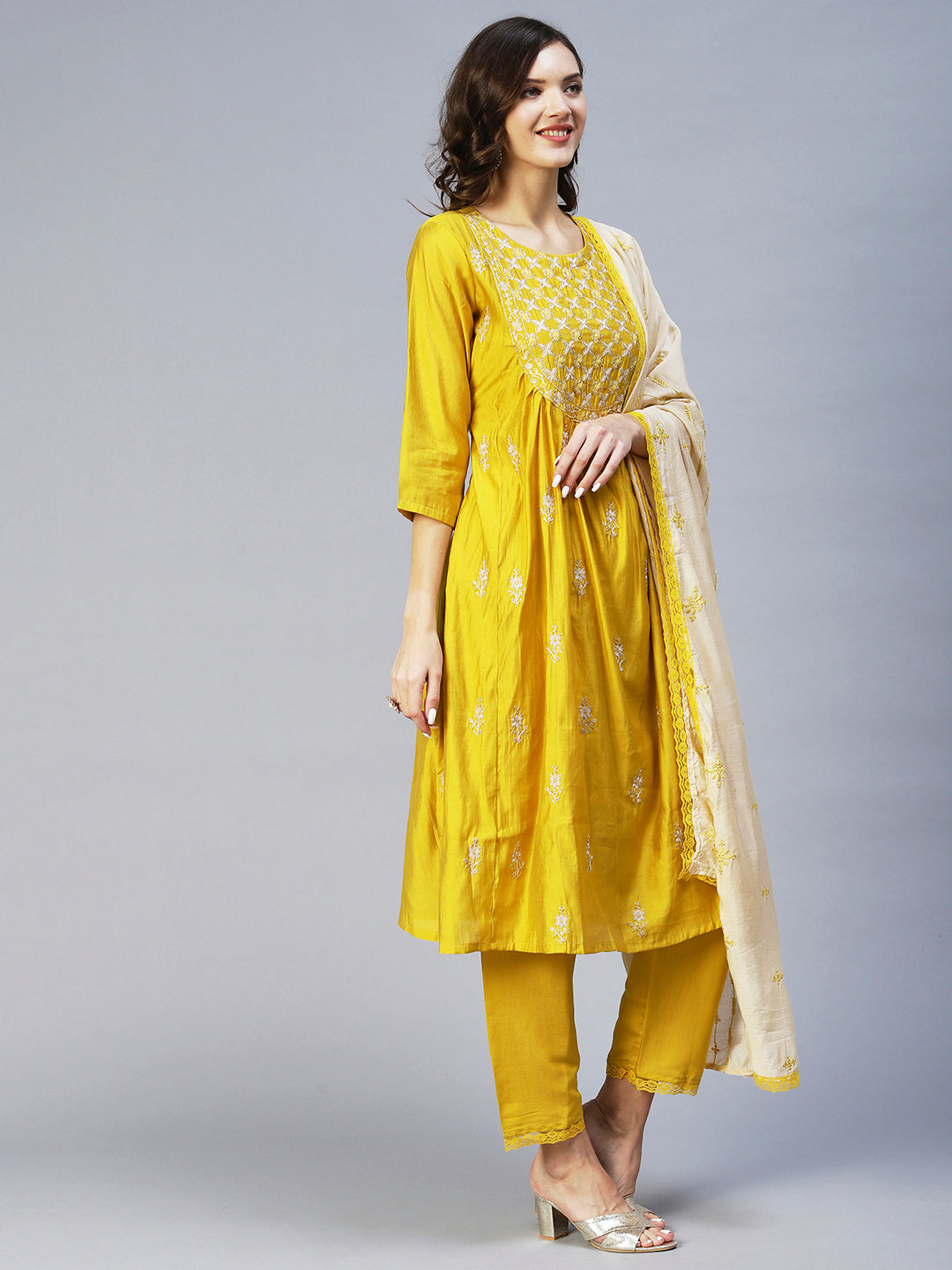 Fashor Ethnic Embroidered A-Line Kurta with Pant & Dupatta - Yellow - view 11
