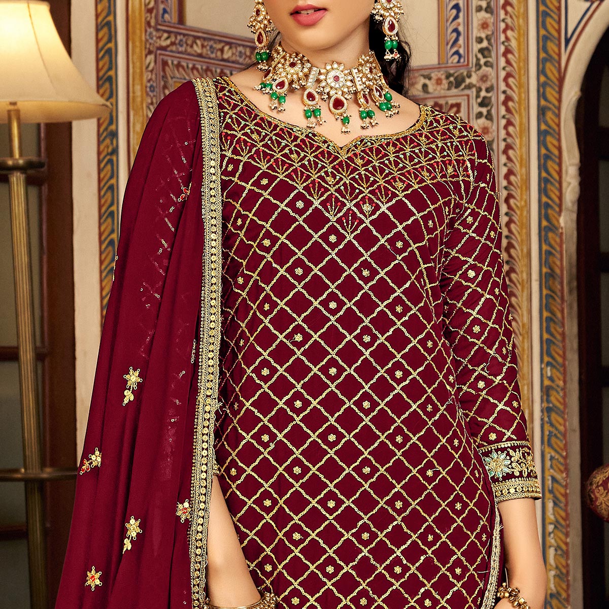 Peachmode Maroon Sequins Embroidered Chinon Semi Stitched Suit - view 3