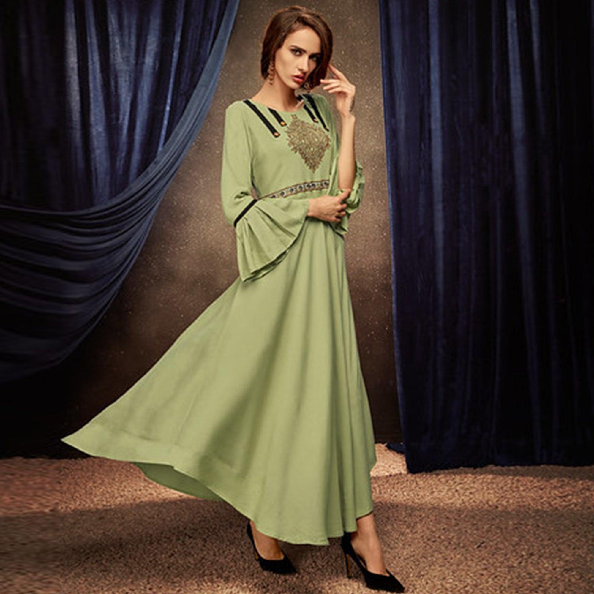 Peachmode Seller Breathtaking Pista Green Colored Partywear Embroidered Rayon Long Kurti