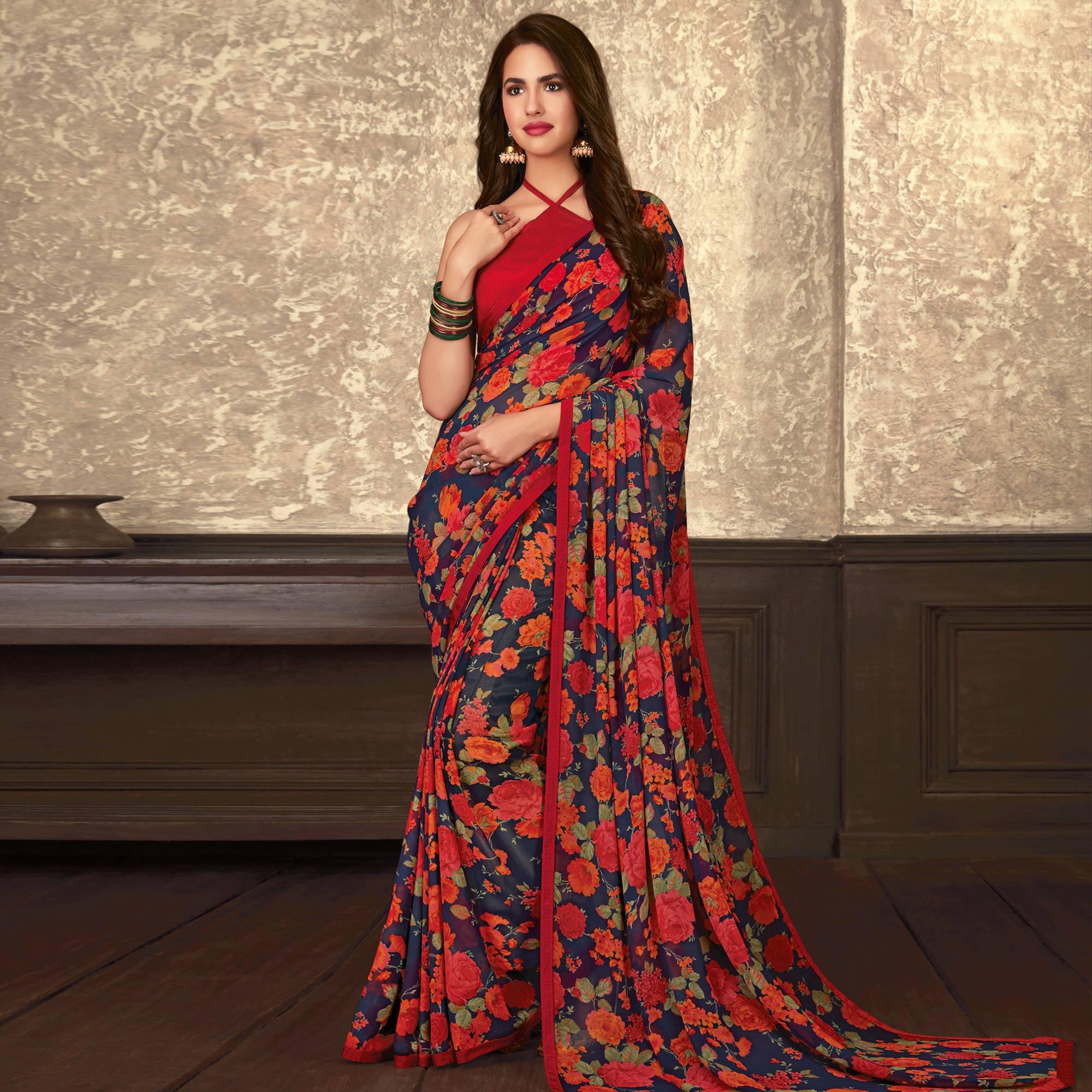 Peachmode Innovative Blue-Red Colored Casual Wear Floral Printed Georgette Saree