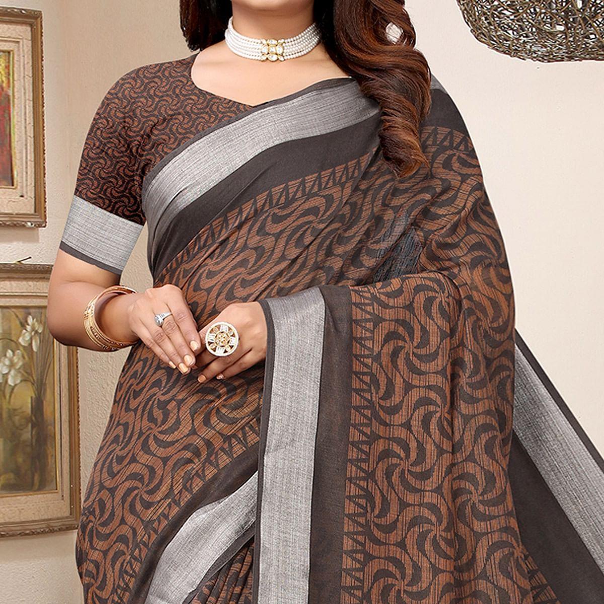 Peachmode Coffee Printed Linen Saree – Women's - view 4