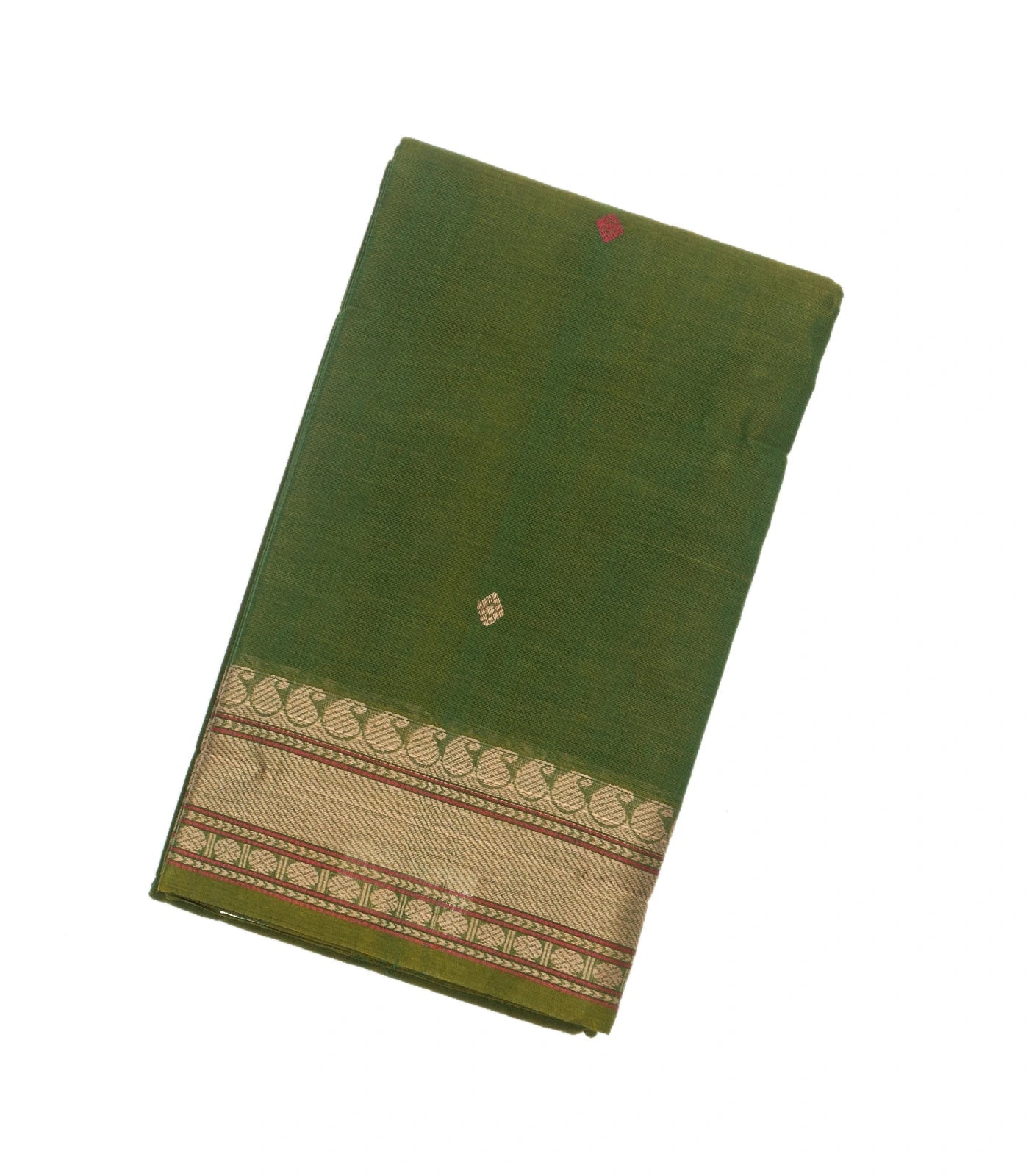 RmKV Leafy Green Handloom Kanchi Cotton Saree With Diamond Motifs