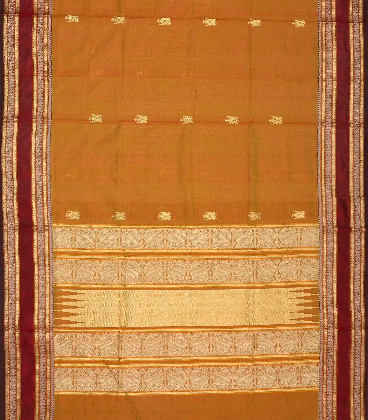 RmKV Mustard Handloom Silk Cotton Saree With Parrot Buttas - view 2
