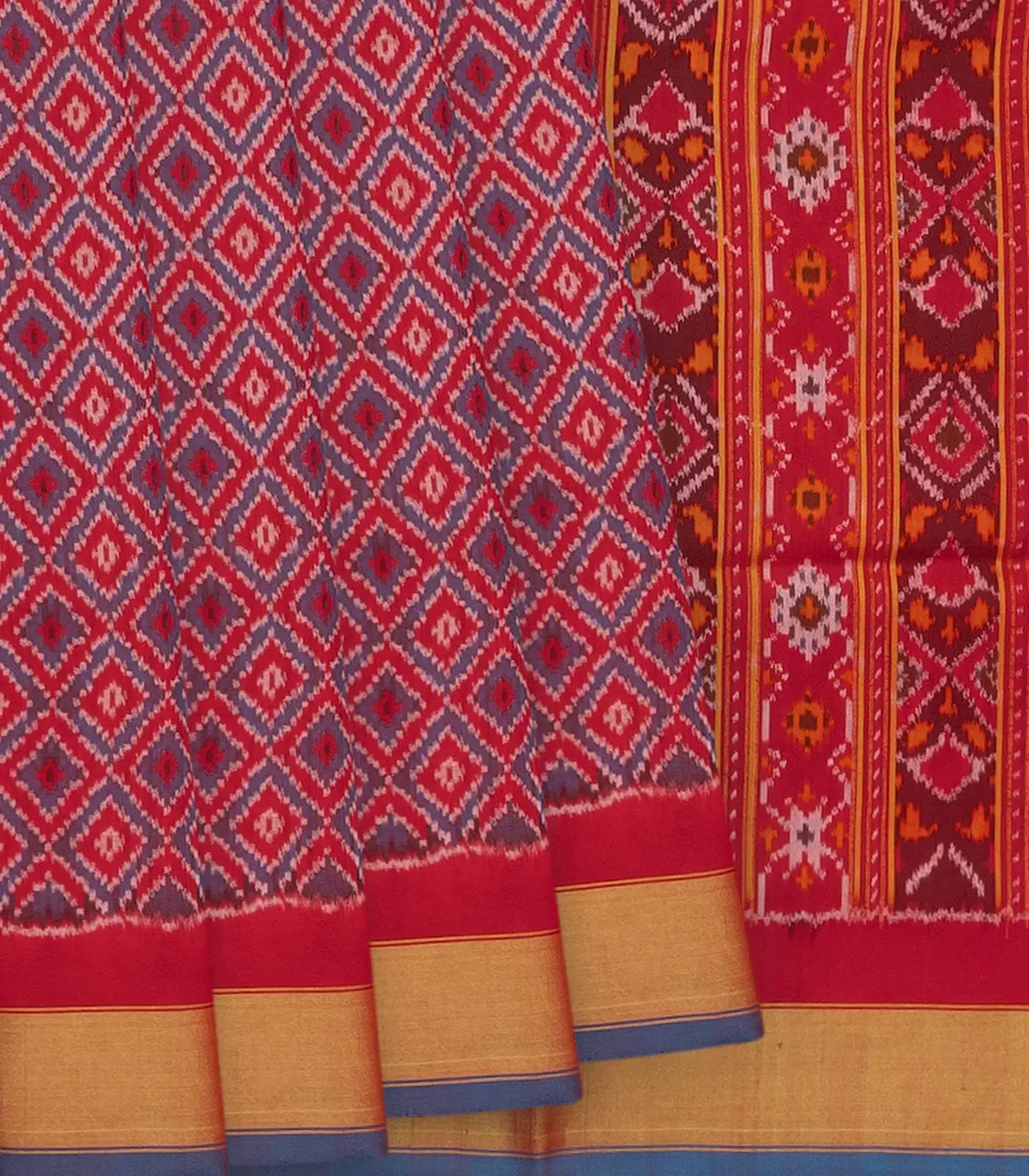 RmKV Red Handloom Single Ikat Single Saree With Diamond Motifs & Zari Border-Red
