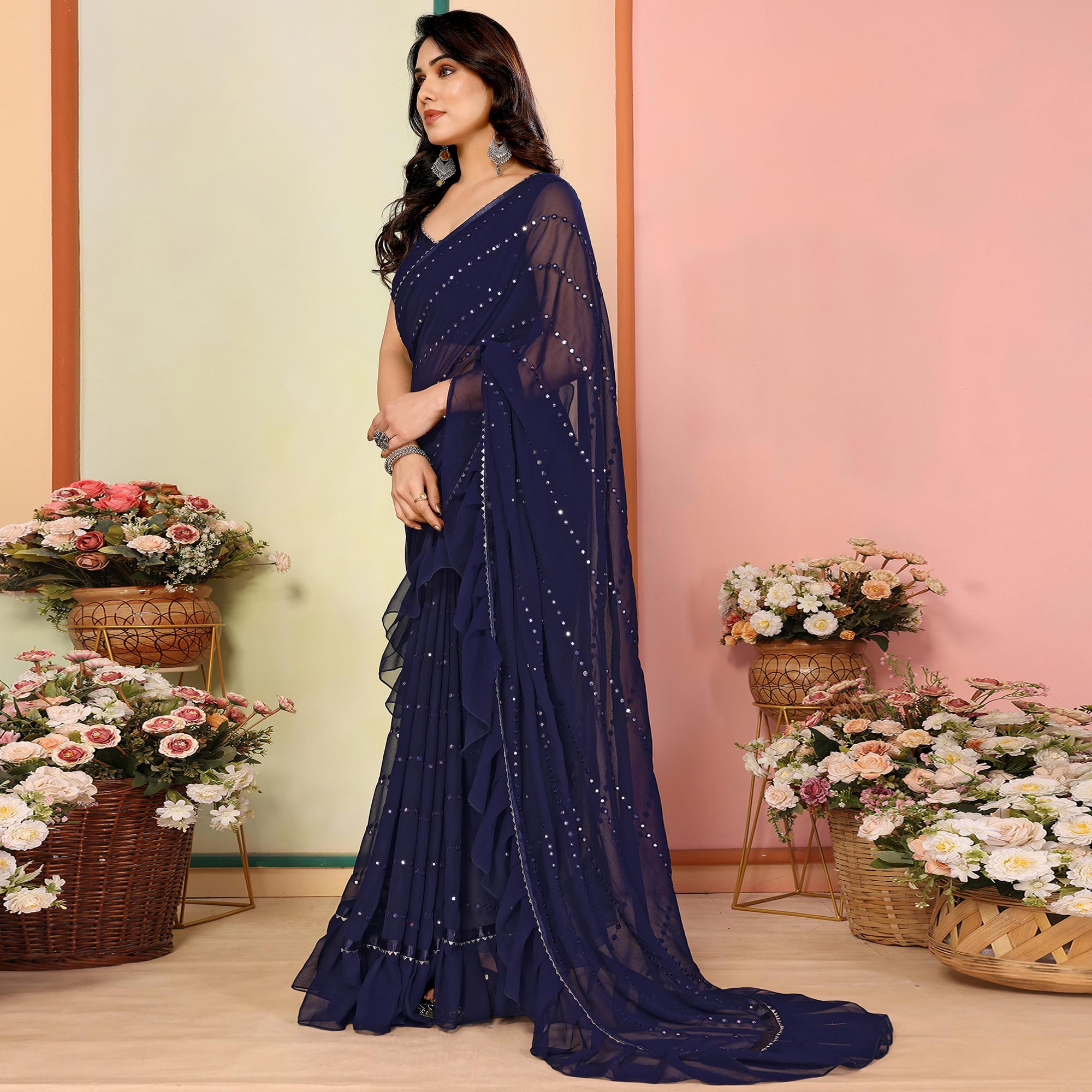 Peachmode Dark Blue Mirror Work Embroidered Georgette Saree With Ruffle Border - view 2