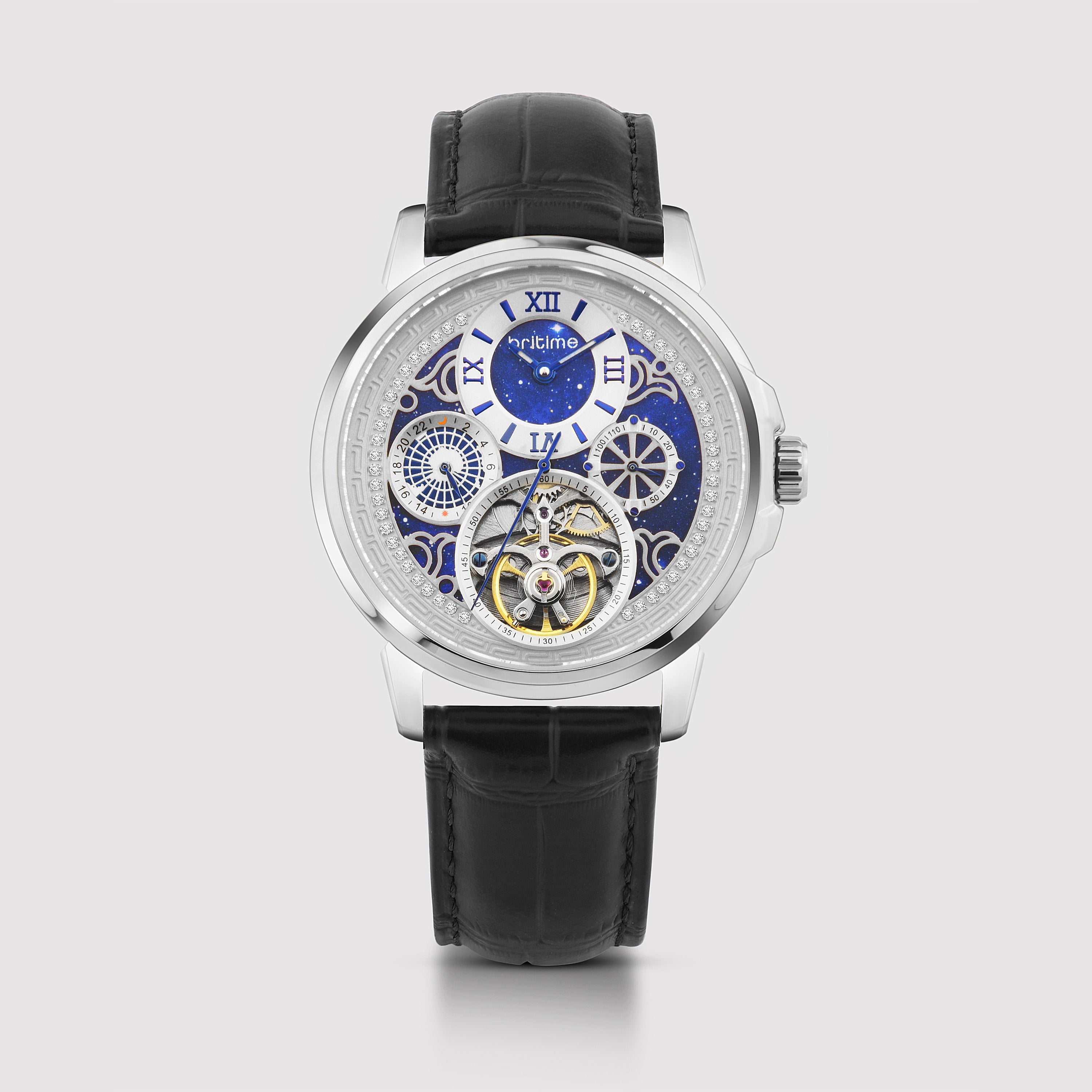 Britime Aquatica Men Automatic Blue Dial Multi-Function Leather Watch 274-L10506