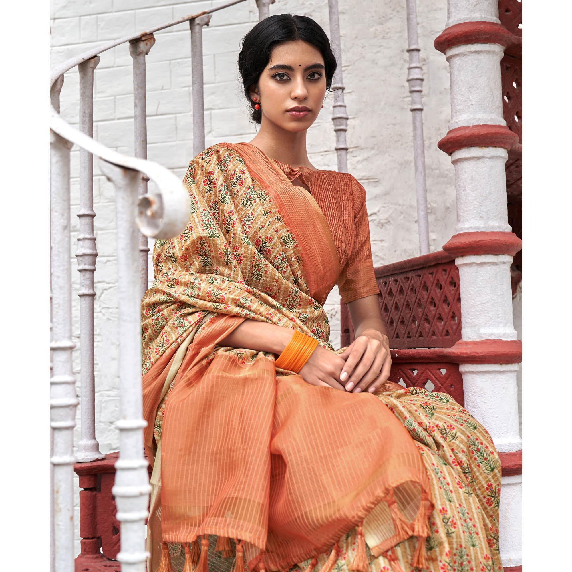 Peachmode Cream Digital Printed Art Silk Saree - view 4