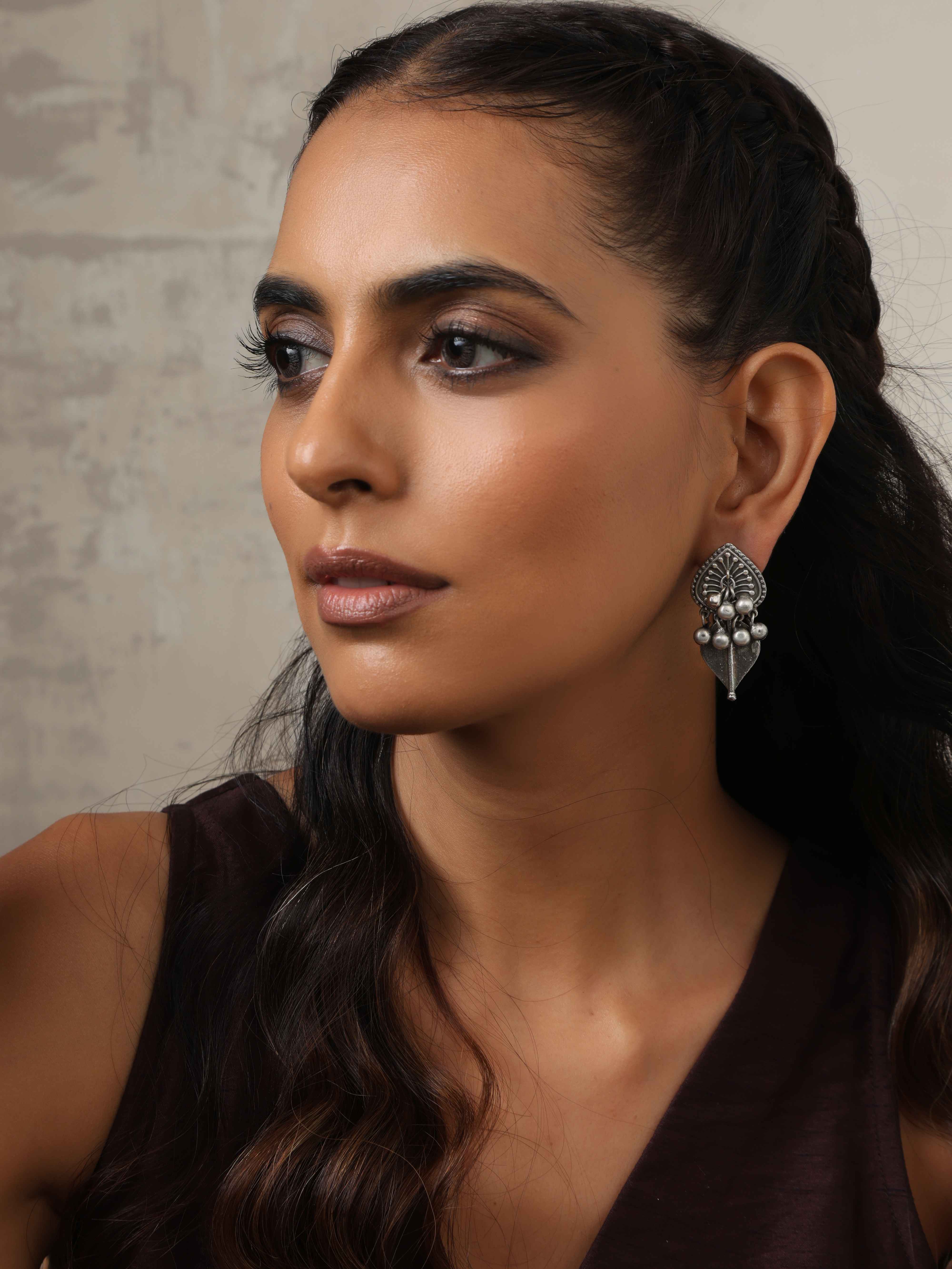 trueBrowns Silver Tone Leaf Stud Earrings - view 3