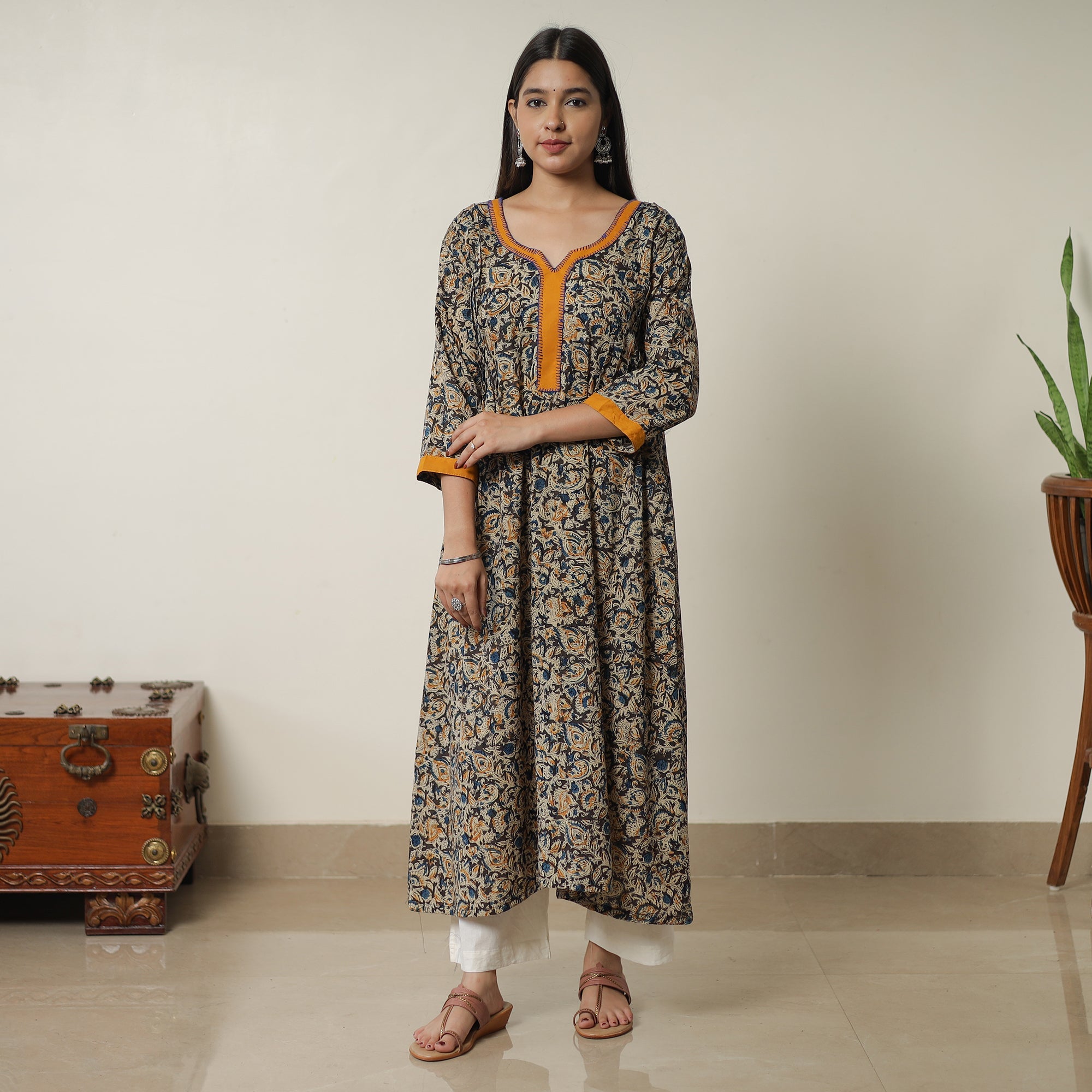 ITOKRI CASUALS Black - Pedana Kalamkari Block Printed Cotton A-Line Kurta with Tagai Work 15 - view 2