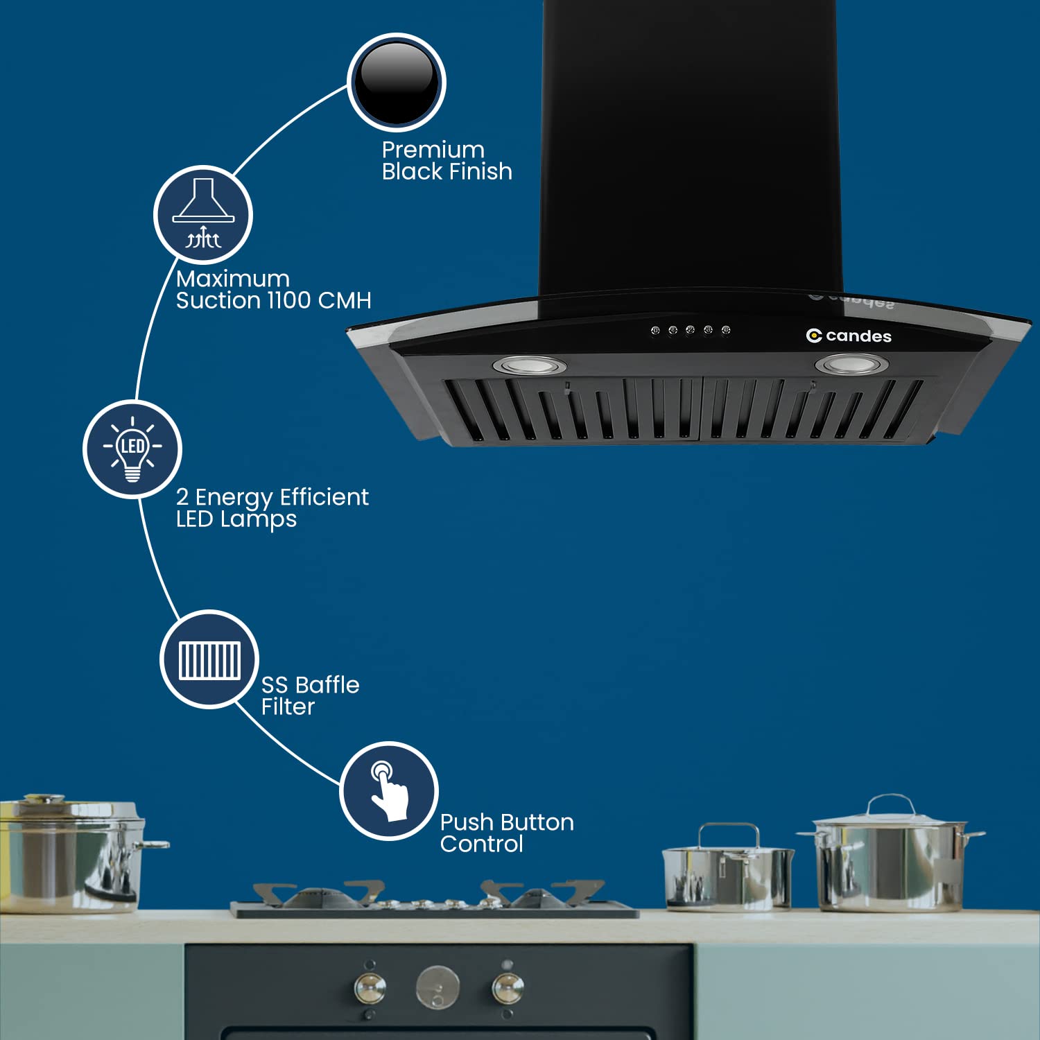 Candes Blaze Kitchen Chimney 60 Cms with Powerful 1100 m3/h Suction| Stainless Steel Baffle Filter | Curved Glass |Oil Collector |Anti-Fingerprint & B - view 3