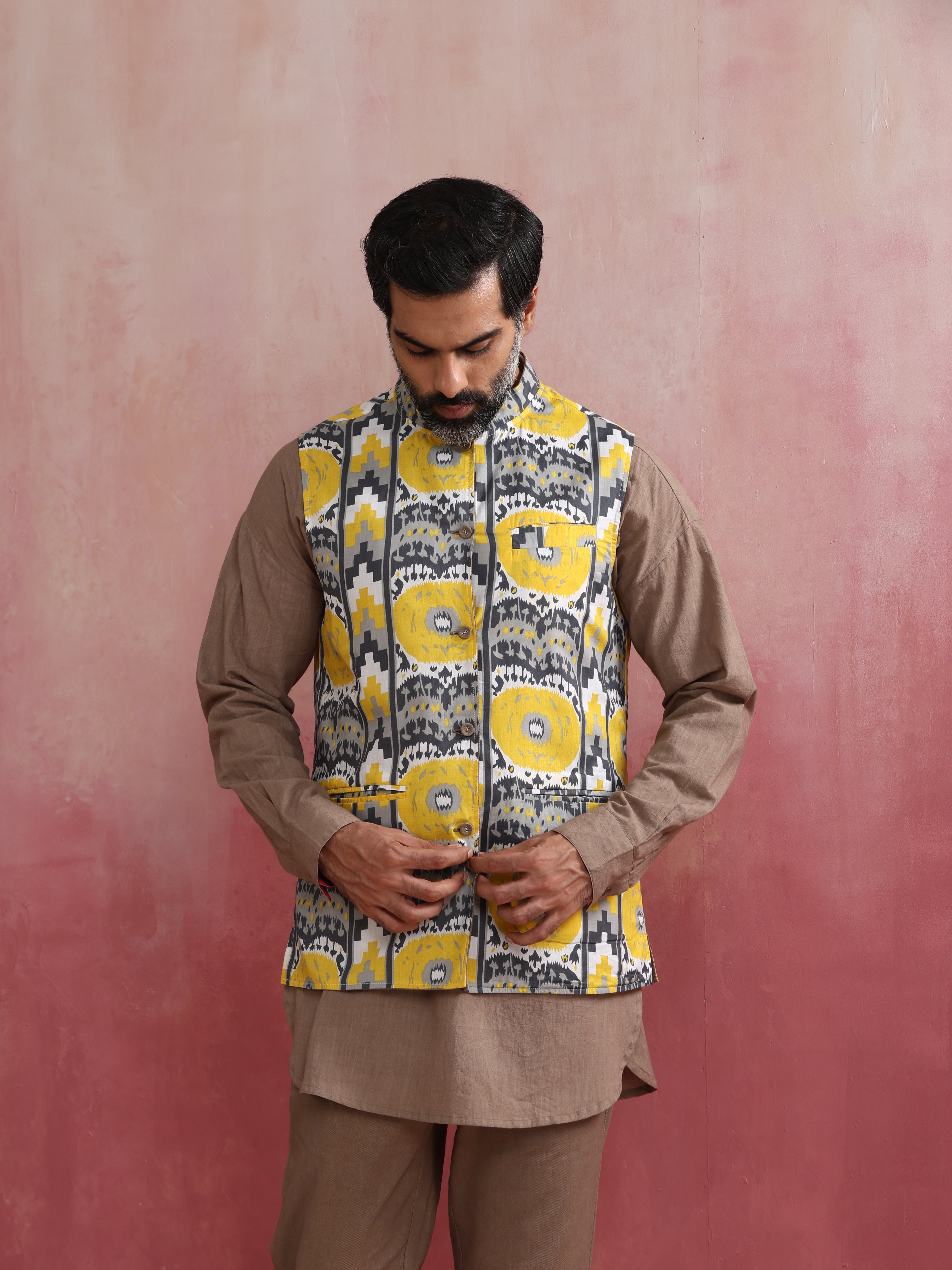 trueBrowns Men's Beige Ikat Reversible Nehru Jacket - view 4