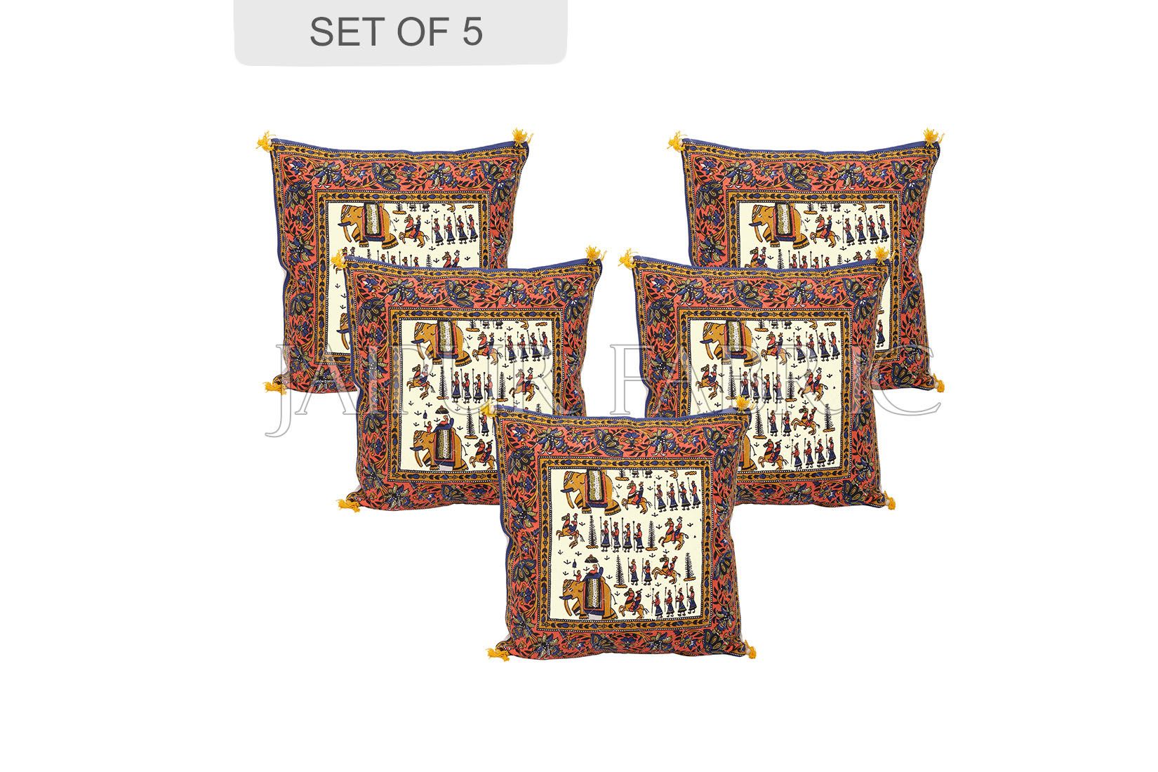 JaipurFabric® Cream Base Orange Border Rajasthani Barat Print Cotton Cushion cover
