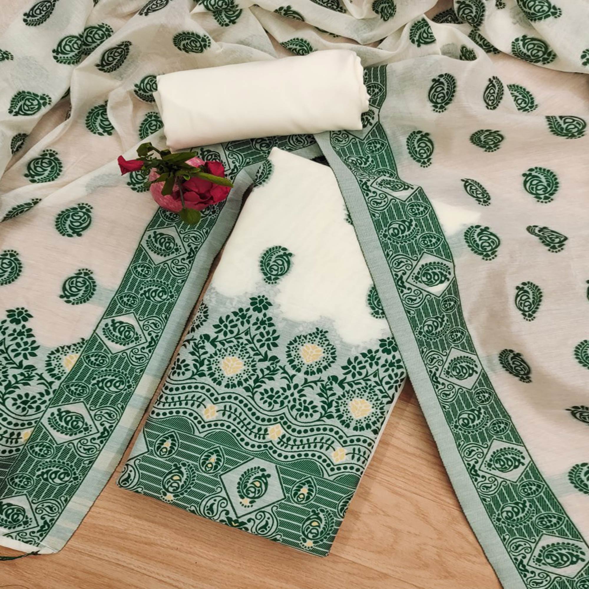 Peachmode Offwhite & Green Floral Woven Chanderi Dress Material