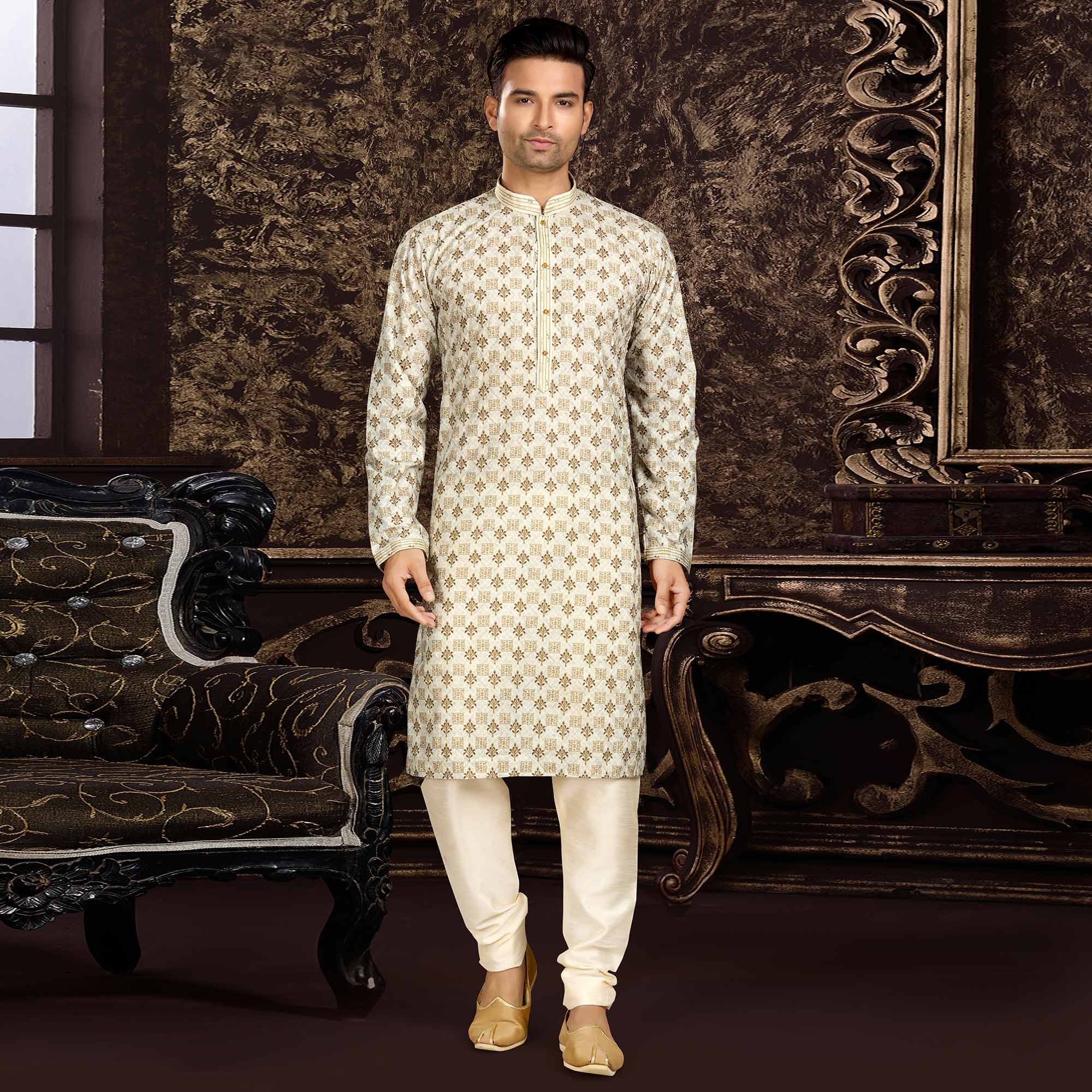 Peachmode Seller Cream Lucknowi And Digital Printed Cotton Kurta Pyjama Set - view 2