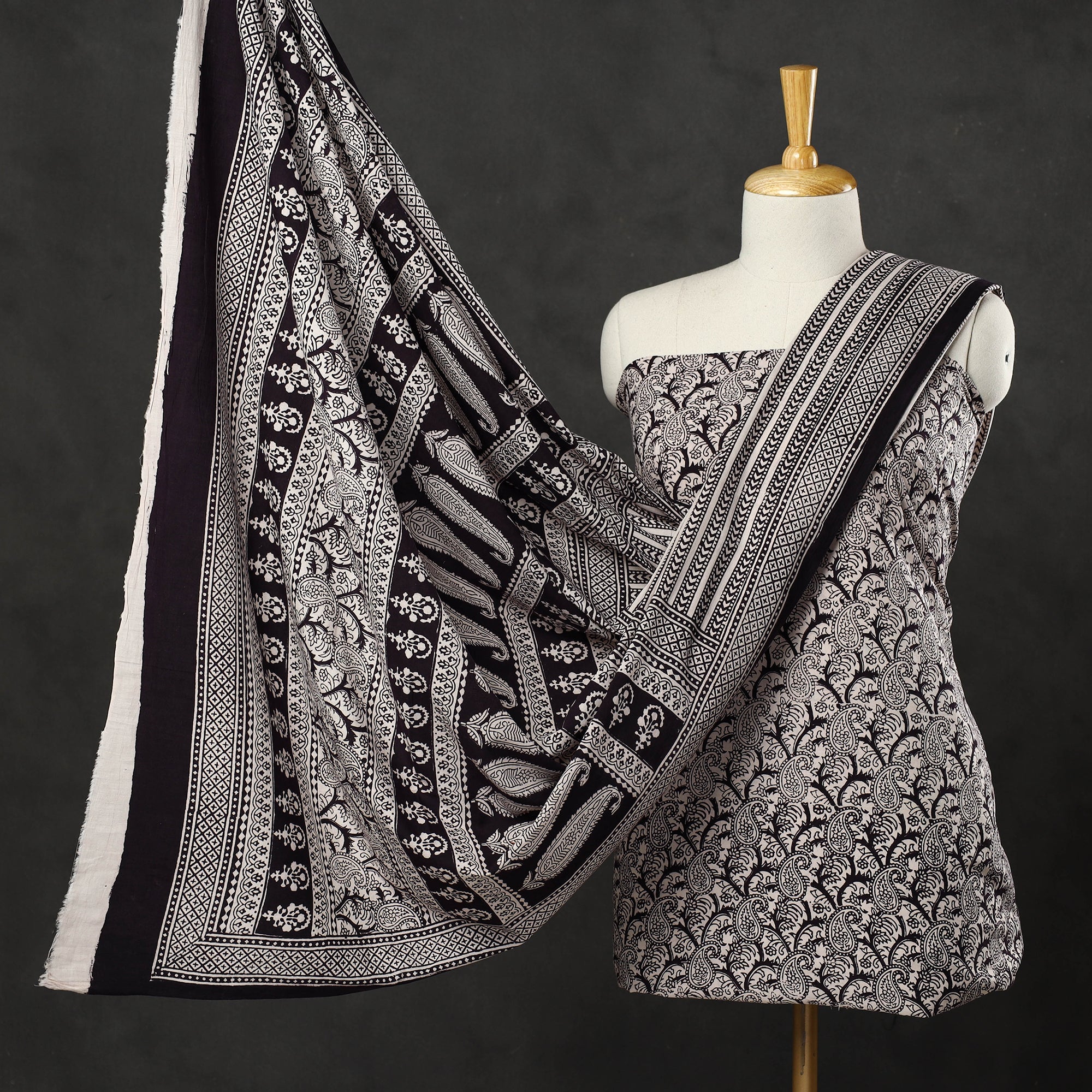 BAGH PRINTS BY UMAR FARUK KHATRI Black - 3pc Bagh Print Cotton Dress Material Set 11