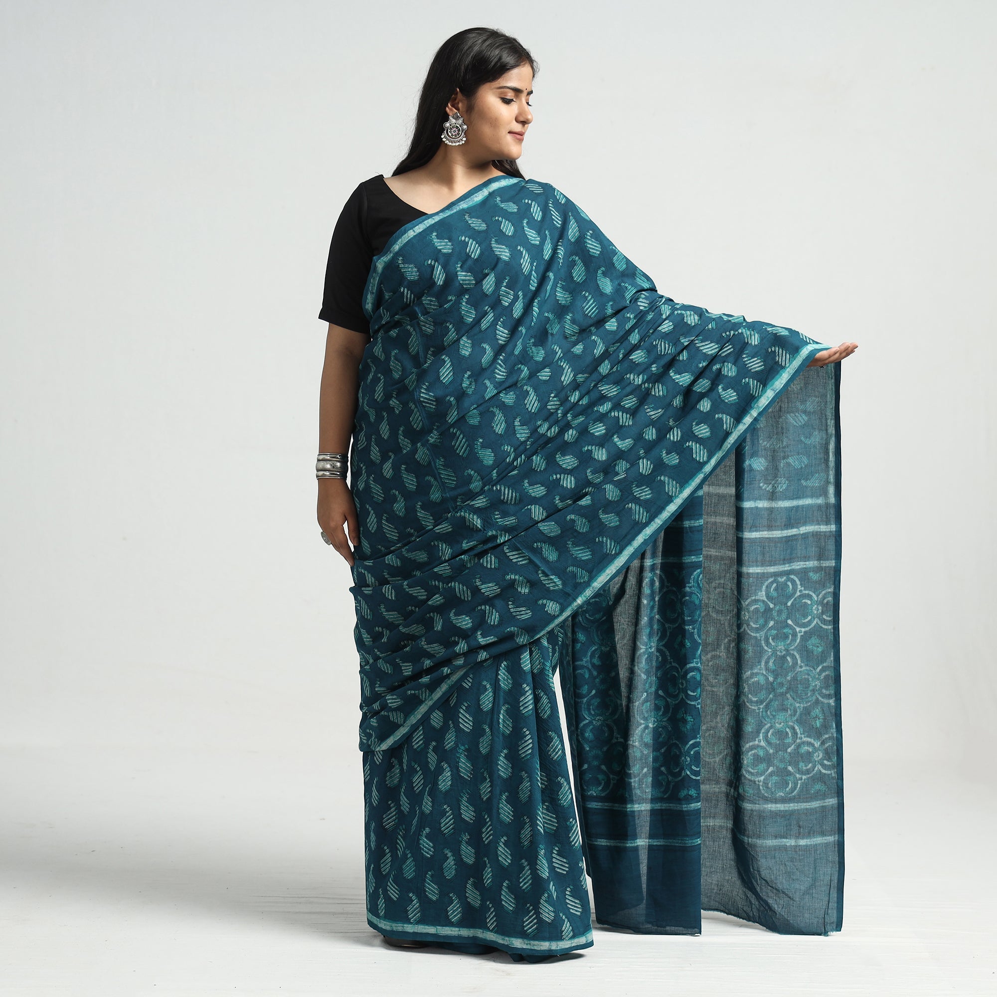 HAVELI CHRONICLES Blue - Akola Hand Block Printed Cotton Saree - view 2