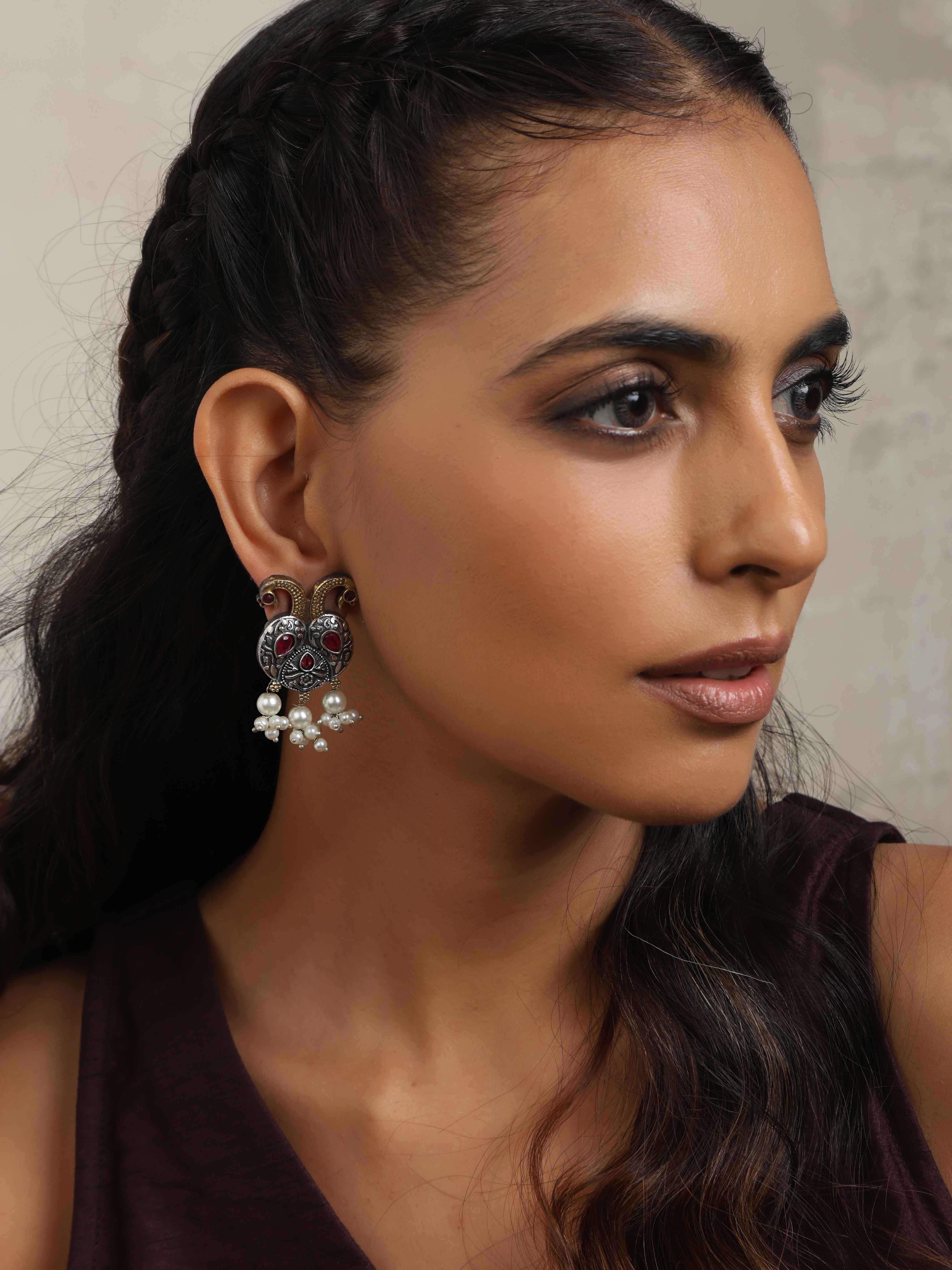 trueBrowns Silver Gold Tone Peacock Stud Earrings - view 2