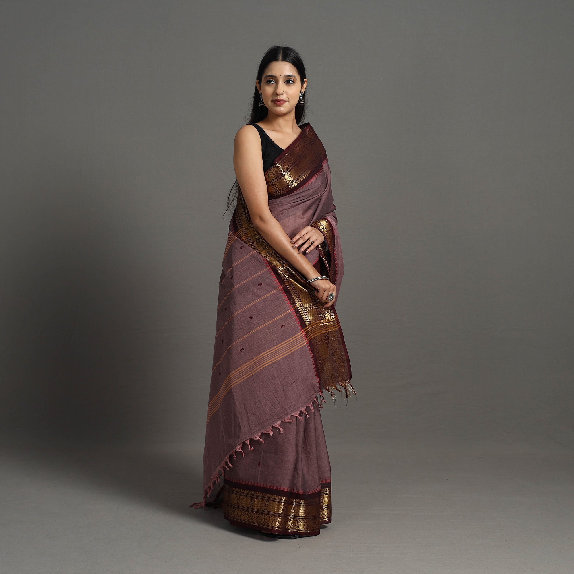 SOUTH KARGHA Brown - Kanchipuram Cotton Saree with Buti & Thread Border 35 - view 2