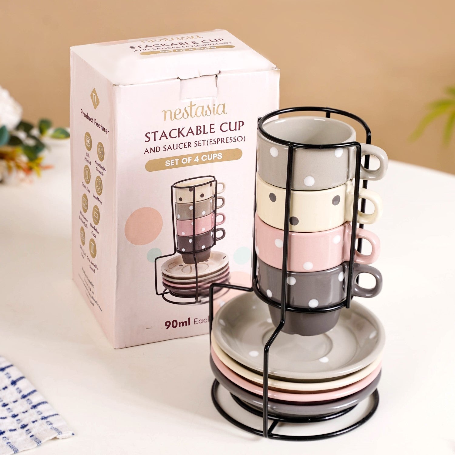 Nestasia Ceramic Polka Dot Stackable Tea Cup And Saucer Set Of 4 100ml