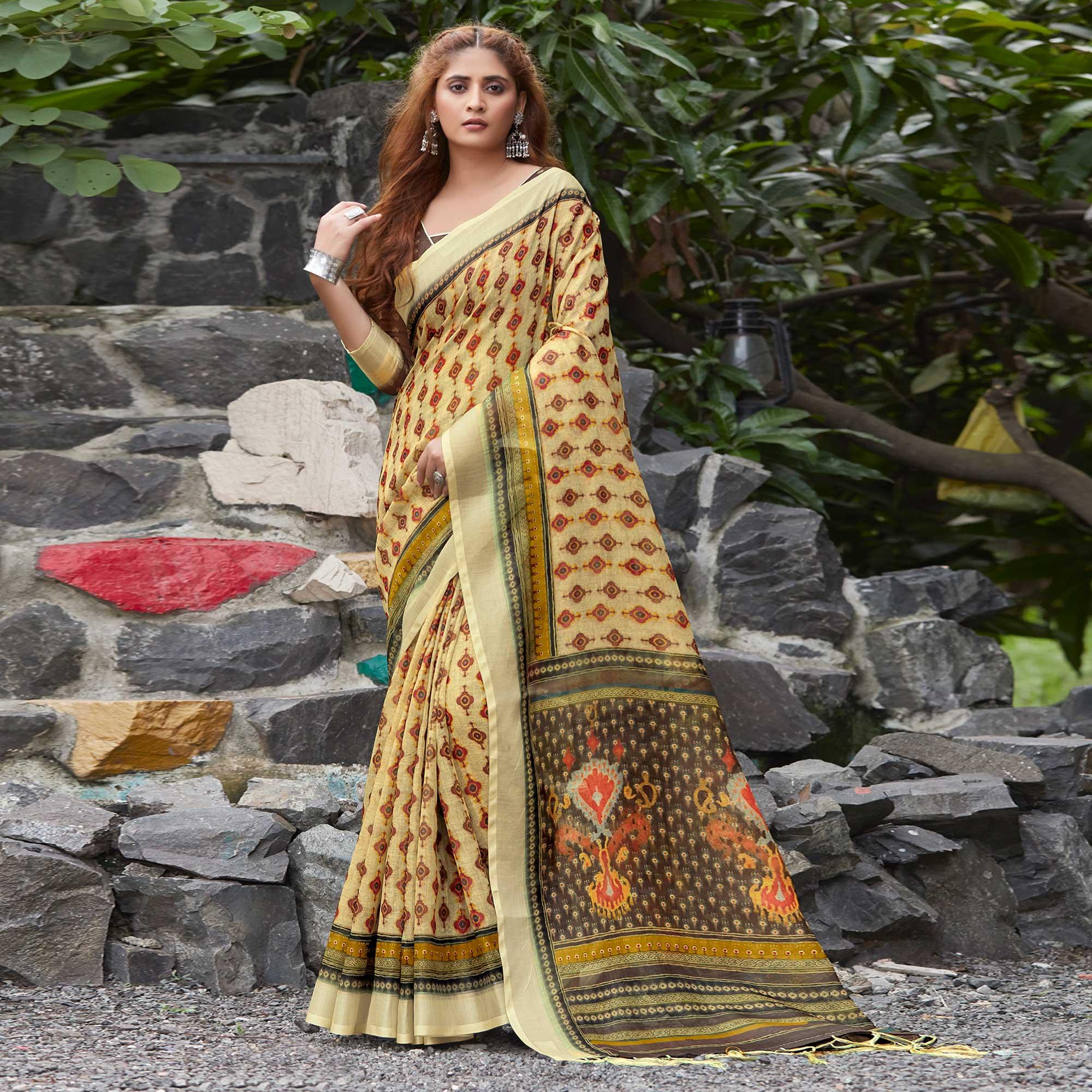 Peachmode Cream Casual Wear Digital Printed Pure Linen Saree