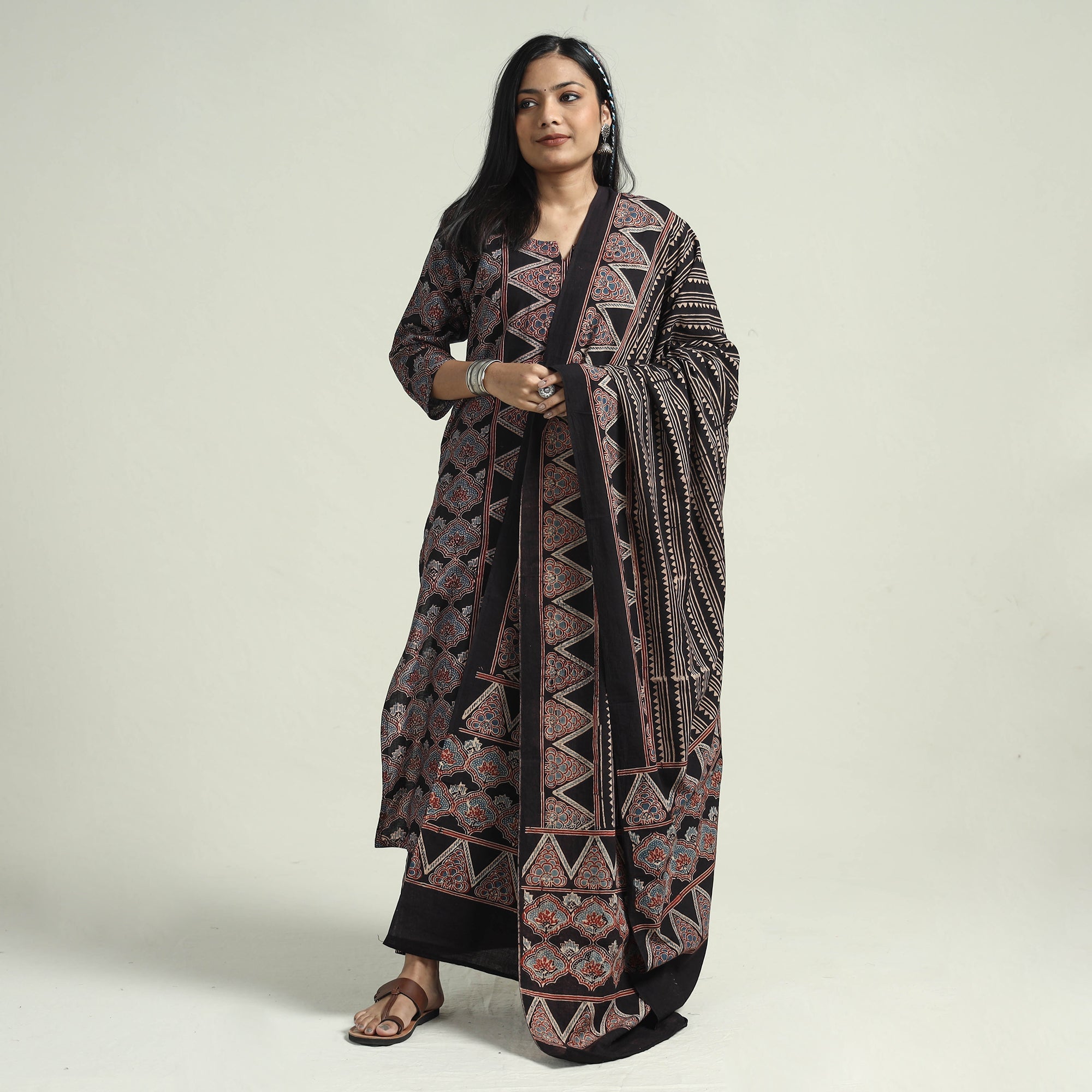 ITOKRI CASUALS Black - Ajrakh Block Printed Cotton Kurta With Palazzo & Dupatta Set