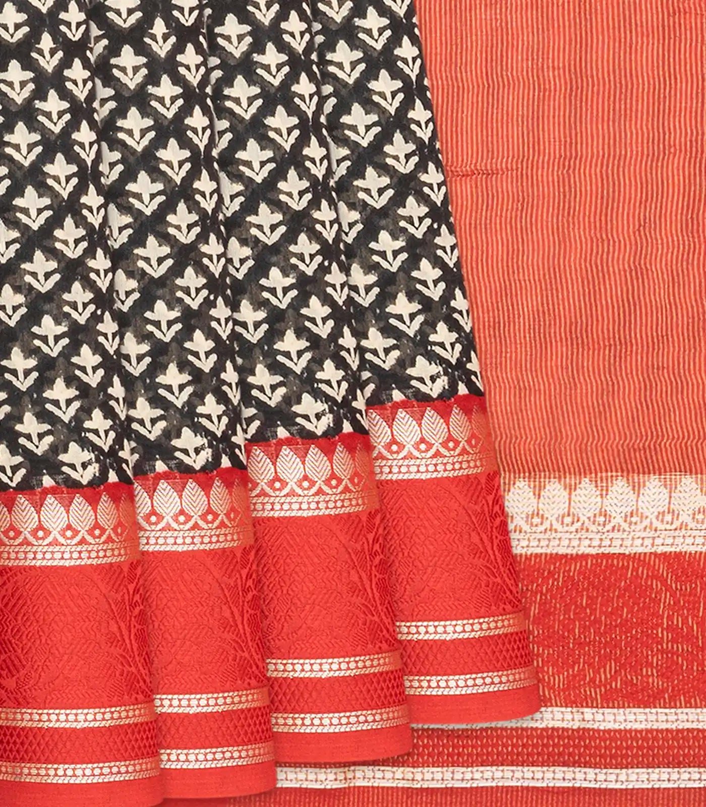 RmKV Black Chanderi Cotton Saree With Printed floral Motifs & Contrast Border-Black