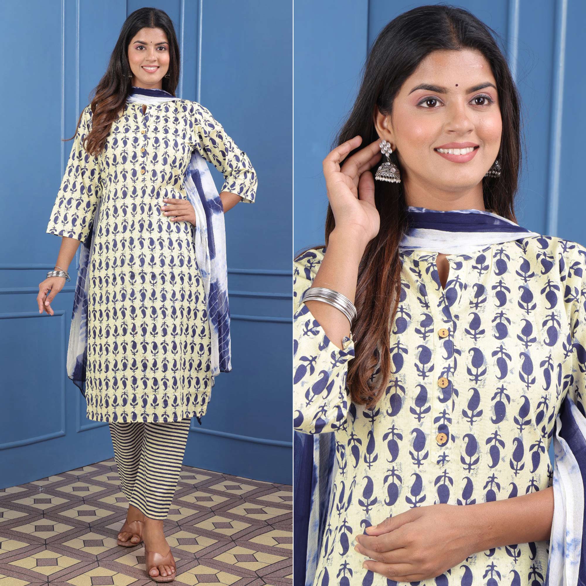 Peachmode Seller Cream Blue Floral Printed Pure Cotton Suit