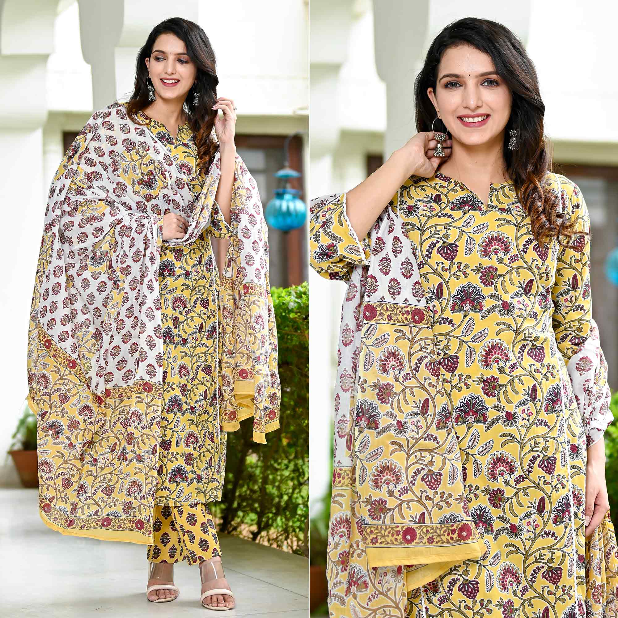 Peachmode Light Yellow Floral Printed Pure Cotton Salwar Suit