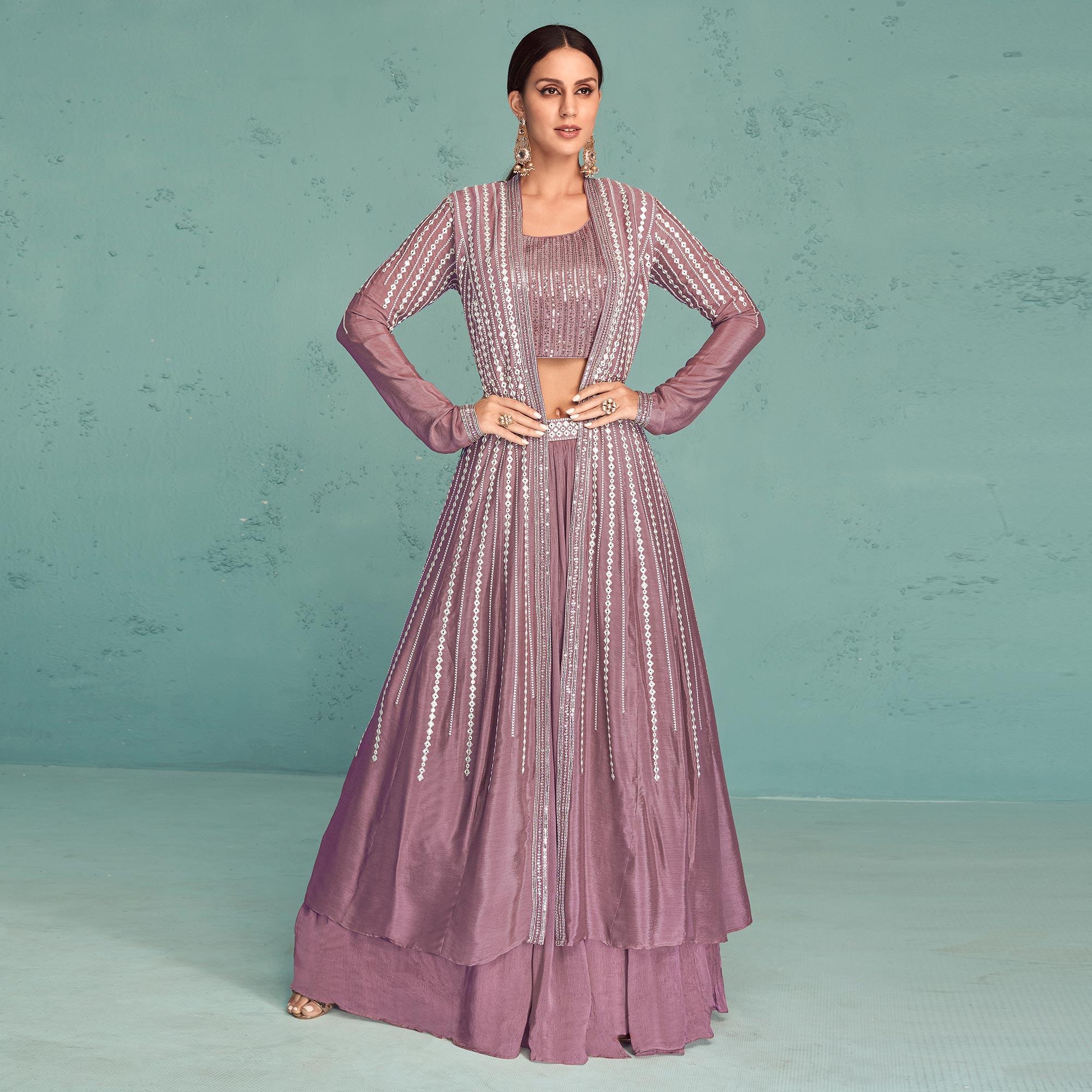 Peachmode Seller Mauve Embroidered Georgette Lehenga Choli With Jacket - view 2